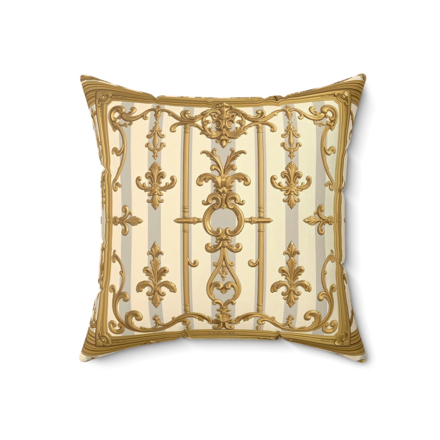 Elegant Decorative Pillow - Matte Gray & Cream Striped Gold Baroque