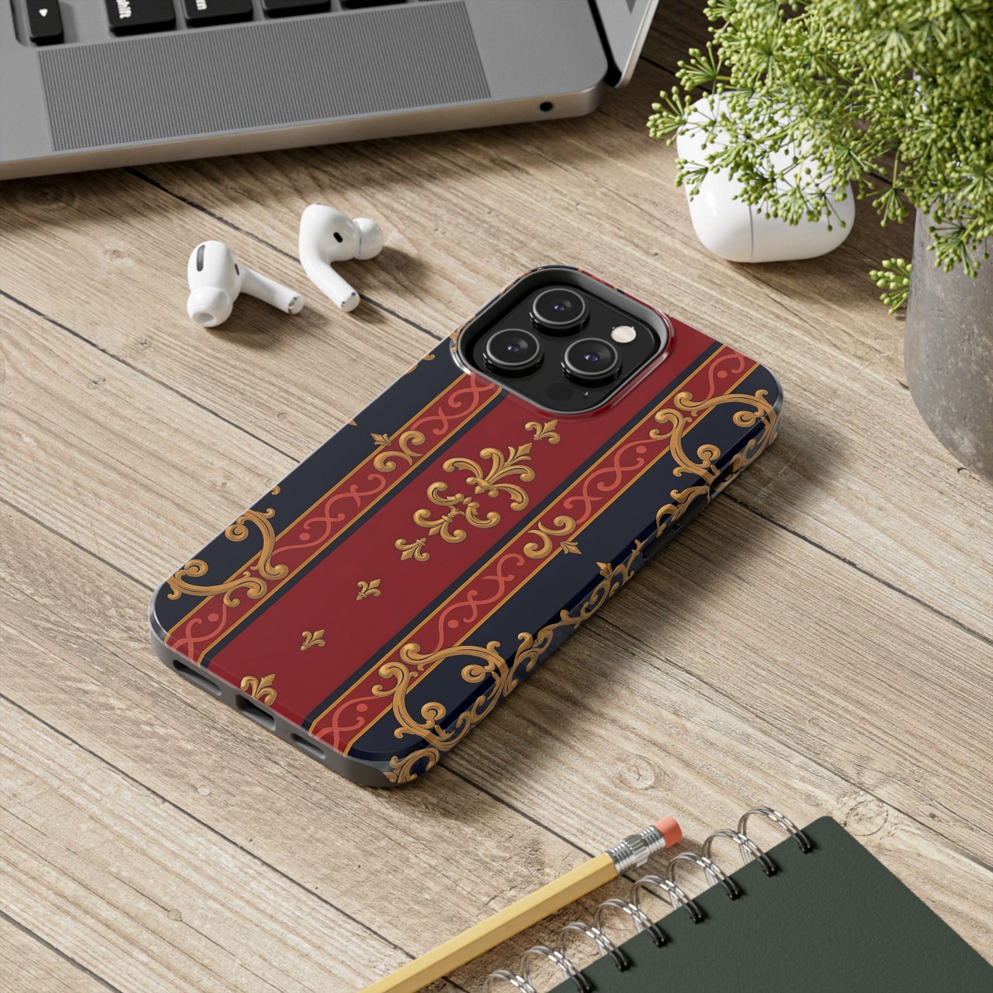 Elegant Vintage Phone Cases, Tough Phone Cover, Stylish Cell Phone Accessories, Durable Phone Protection - Midnight Blue & Dusk Red Gold Baroque