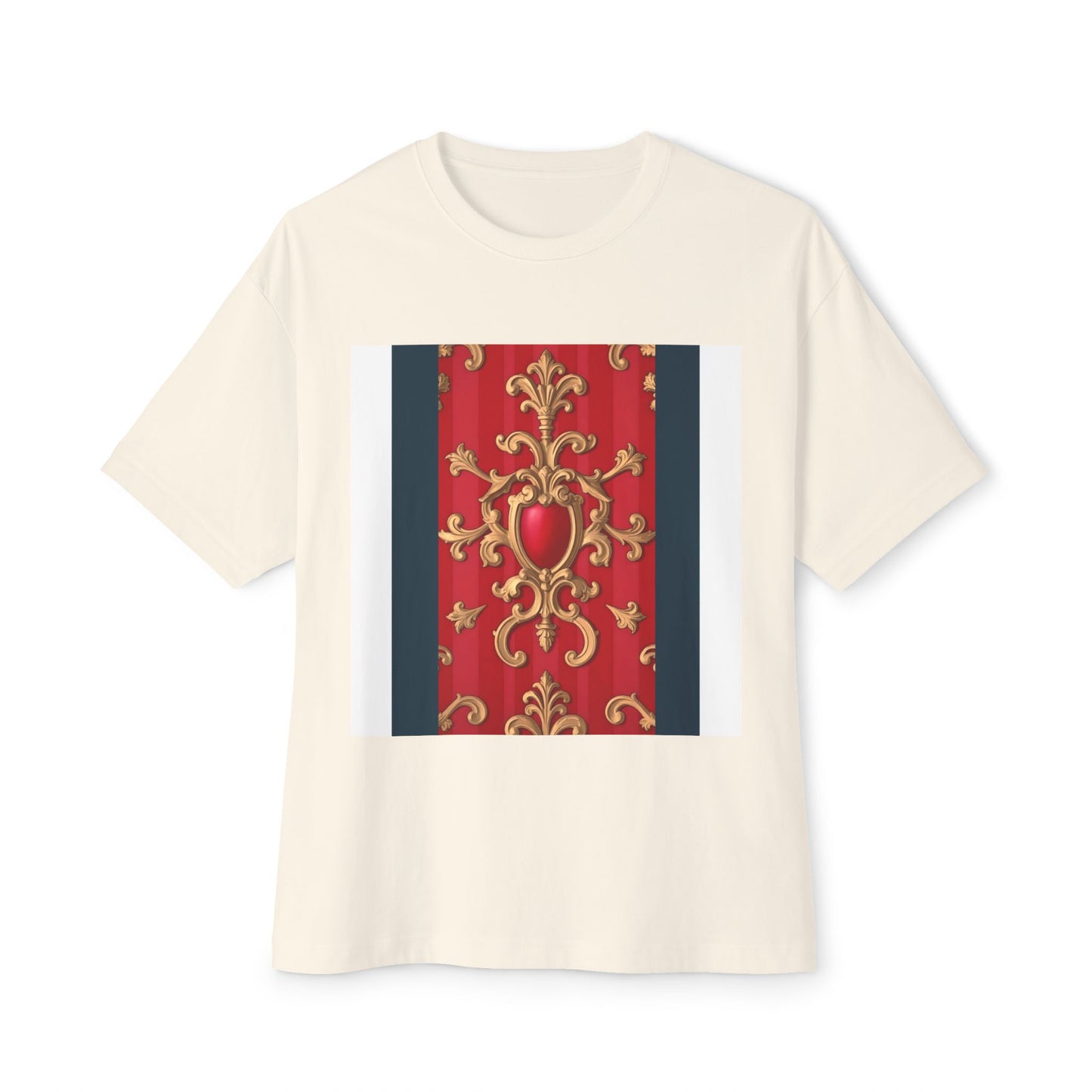 Elegant Vintage Design Oversized Tee, Boho T-Shirt, Festival Top, Unique Gift, Trendy Casual Wear - Blue, Red & White Striped Baroque