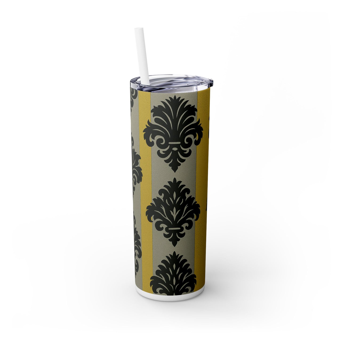 Elegant Baroque Skinny Tumbler, 20oz Travel Mug, Stylish Drinkware for Home or Office, Unique Gift for Her - Silver & Gold Striped Black Baroque