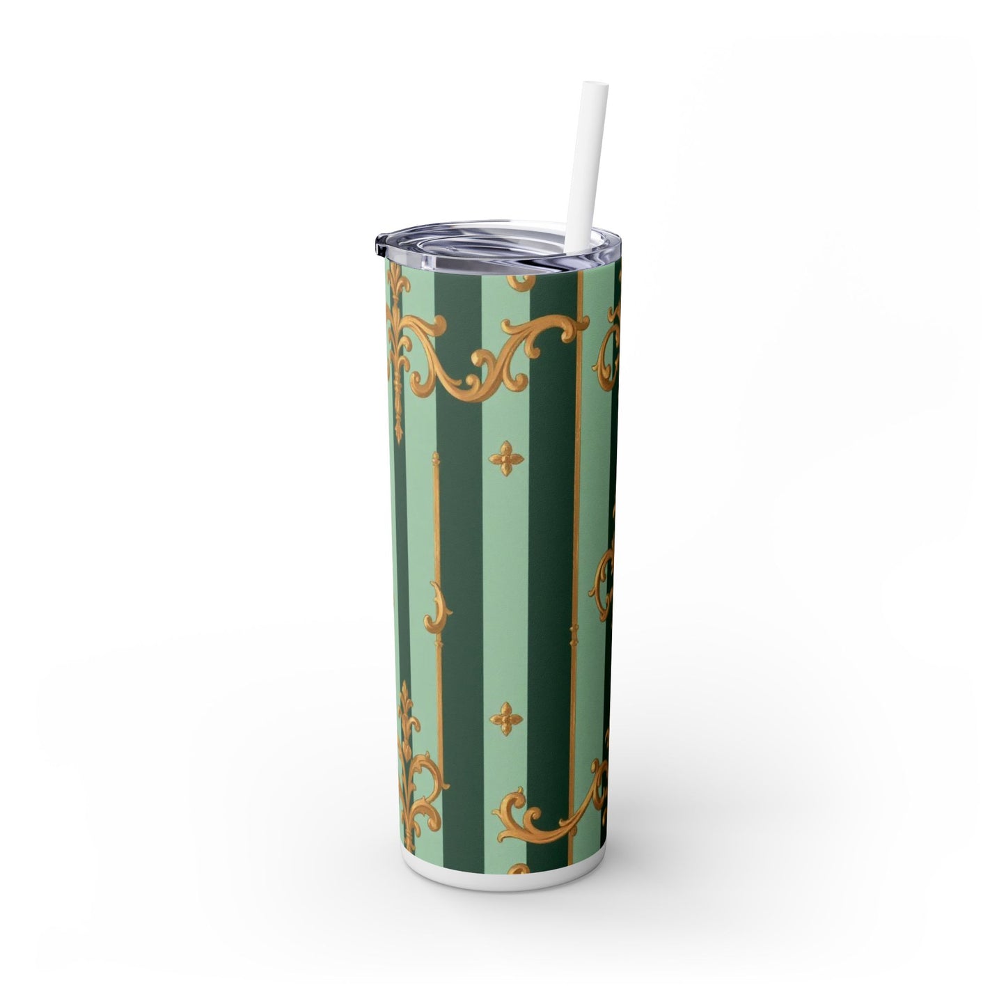 Elegant Floral Skinny Tumbler with Straw, 20oz – Stylish Travel Mug, Eco-Friendly Reusable Cup - Mint Green & Teal Striped Gold Baroque