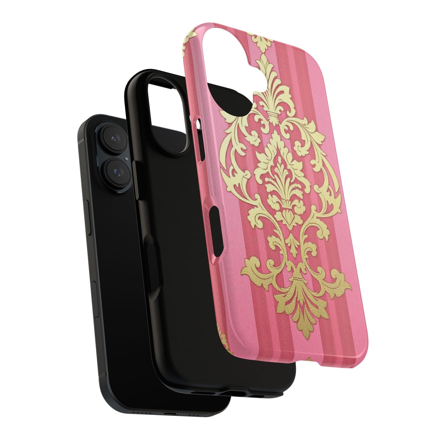 Elegant Floral Motif Phone Case - Tough Cases with Vintage Design - Pink Striped Damask