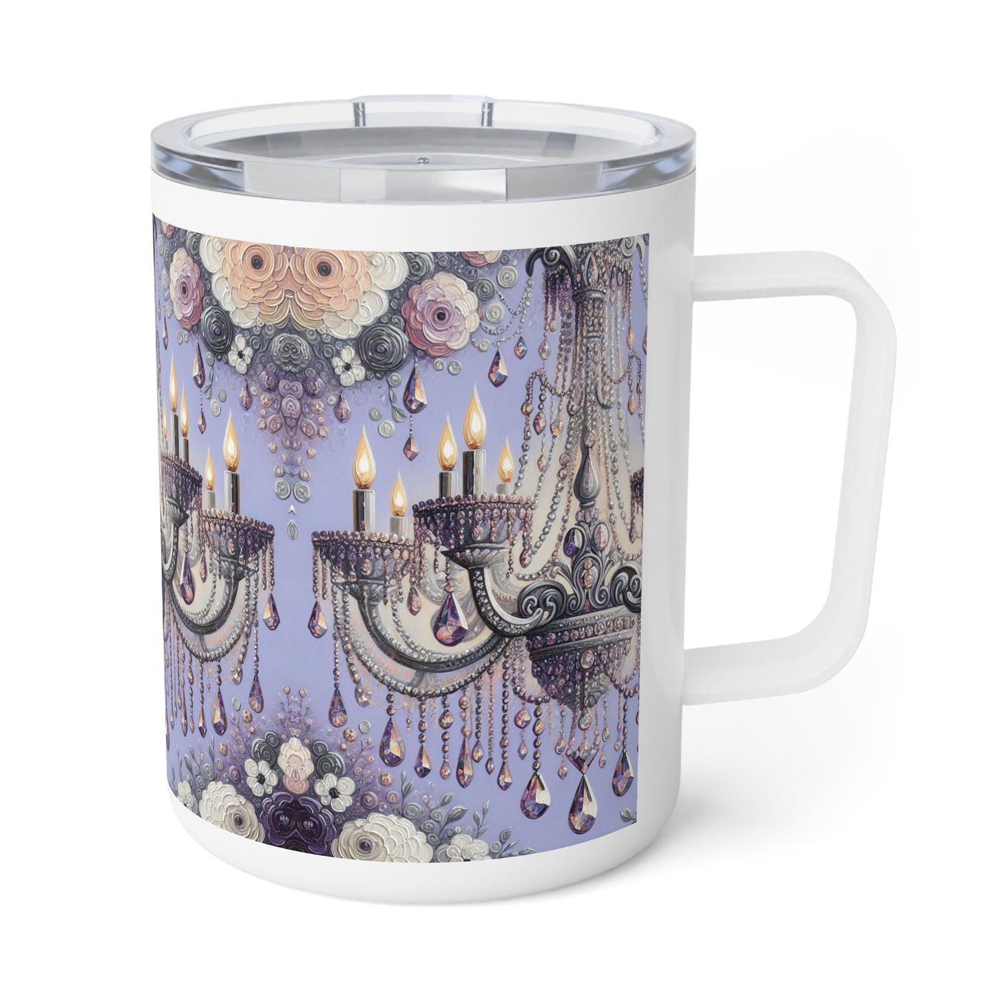 Elegant Floral Chandelier Coffee Mug, Insulated Drinkware for Home, Office, and Gifts - Lilac Jeweled Chandelier