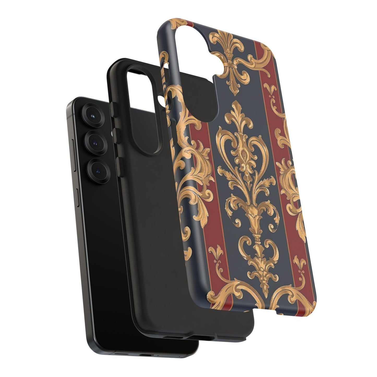 Elegant Floral Motif Phone Case - Tough Cases with Vintage Design - Midnight Blue & Dusk Red Striped Gold Damask