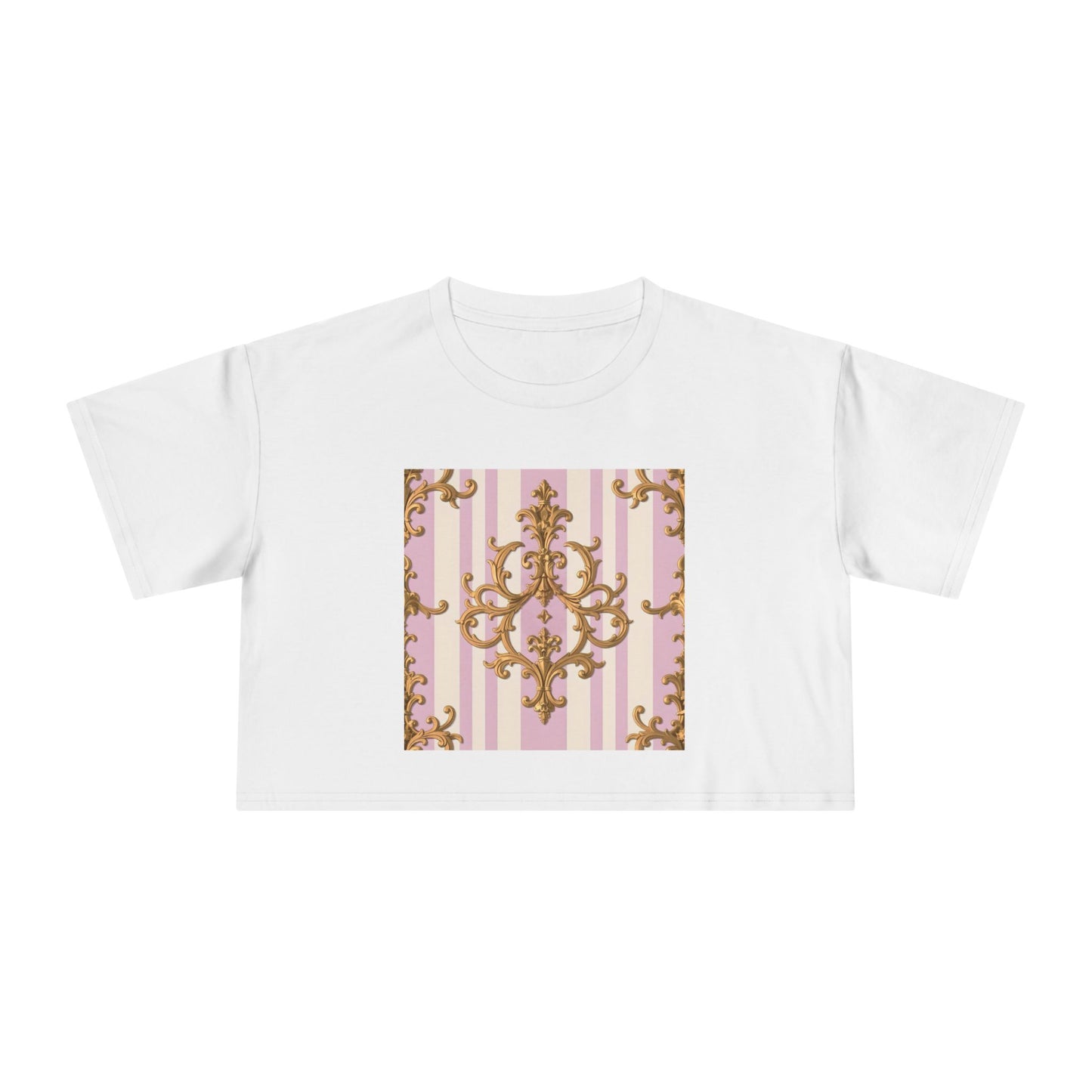 Chic Women's Crop Tee with Elegant Pink and Gold Design, Fashion Tee, Summer Style, Gift for Her - Lilac & Alabaster Striped Gold Baroque