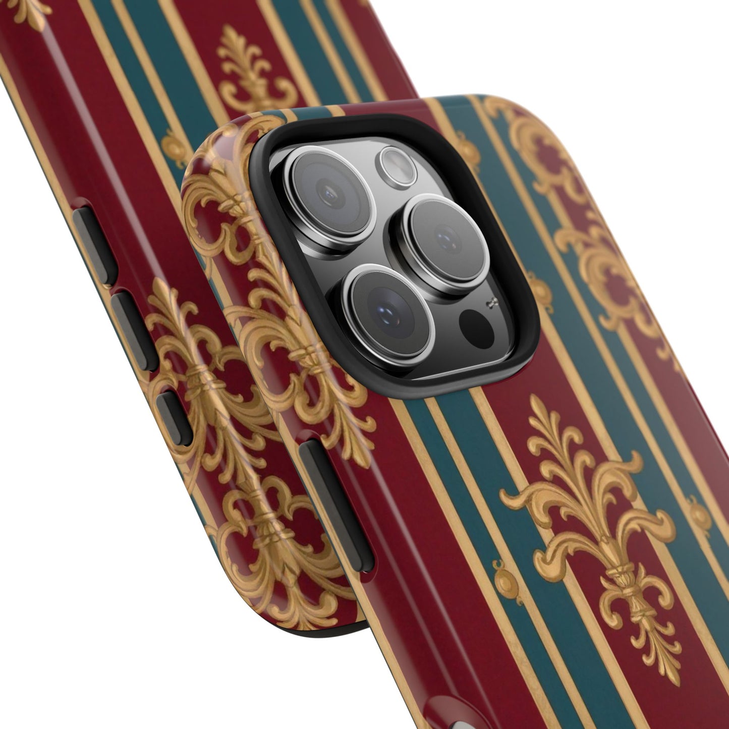 Elegant Vintage Tough Phone Case, Luxury Phone Protection, Stylish Phone Cover, Durable Phone Accessory - Burgundy Striped Gold Baroque