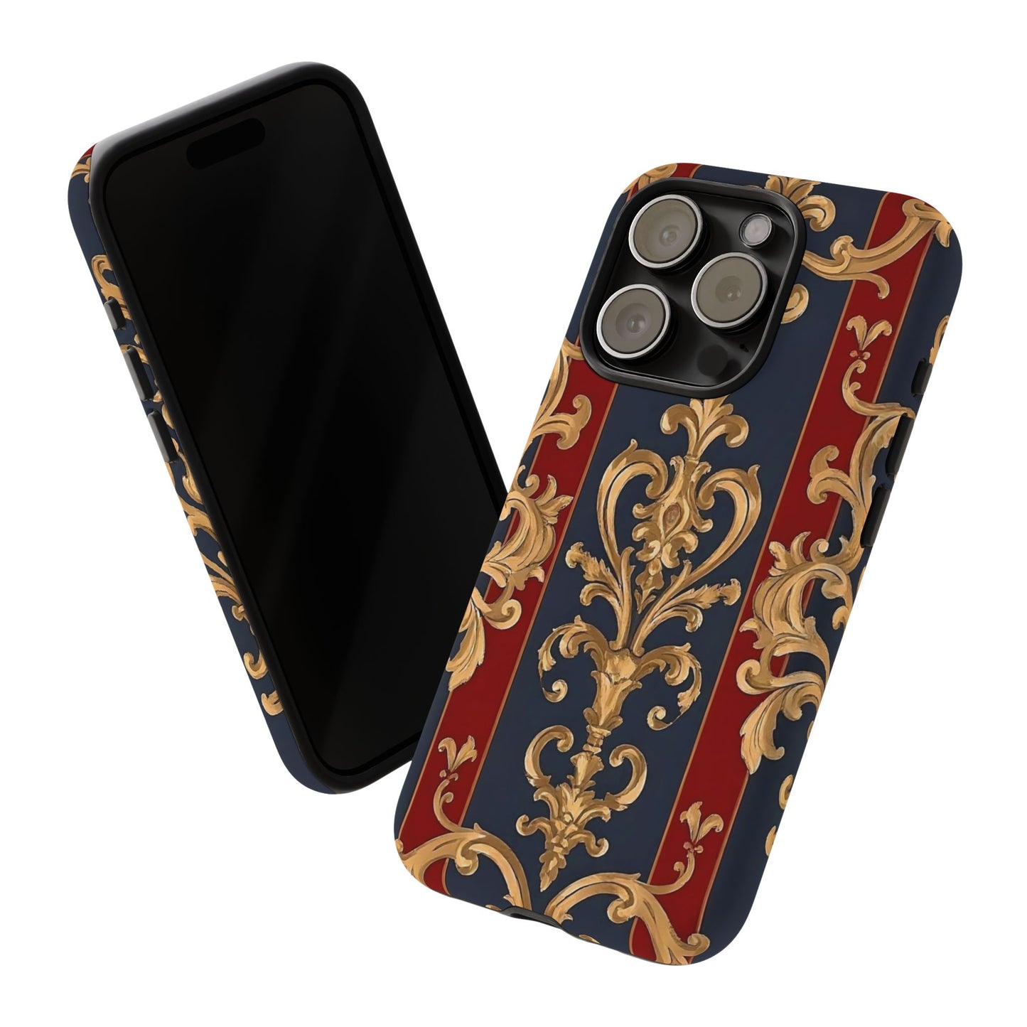 Elegant Floral Motif Phone Case - Tough Cases with Vintage Design - Midnight Blue & Dusk Red Striped Gold Damask