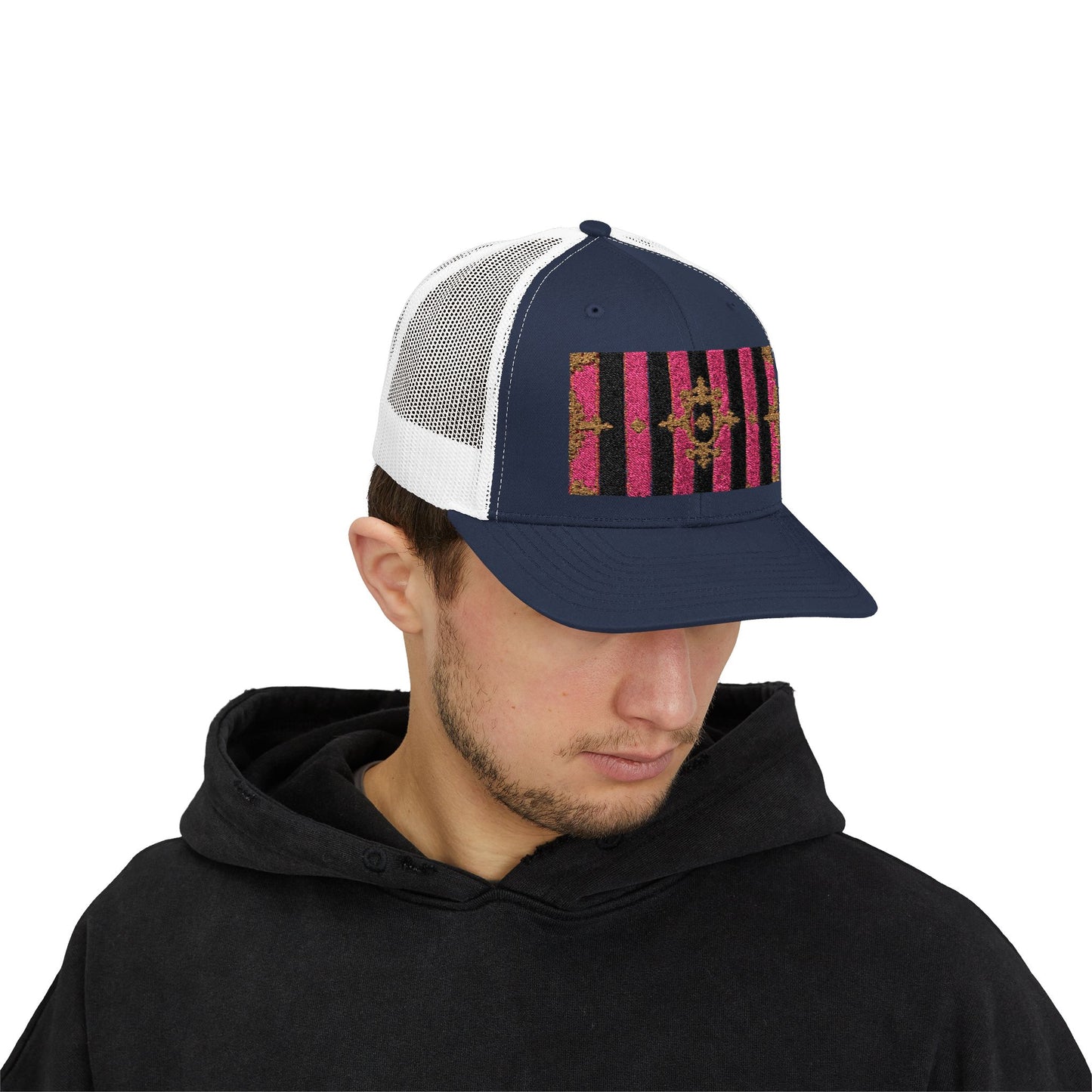 Stylish Snapback Trucker Cap with Black & Mauve Striped Gold Baroque, Trendy Fashion Hat, Perfect Gift for Him/Her