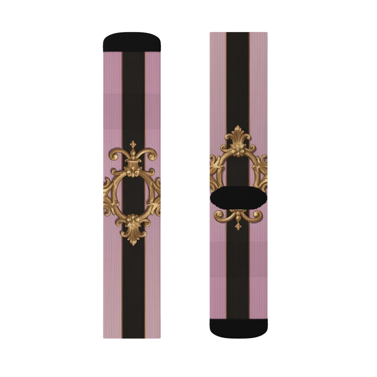 Chic Floral Sublimation Socks for Fashion Lovers, Cute Gift for Her, Trendy Footwear, Stylish Accessories - Matte Lavender & Black Striped Gold Baroque