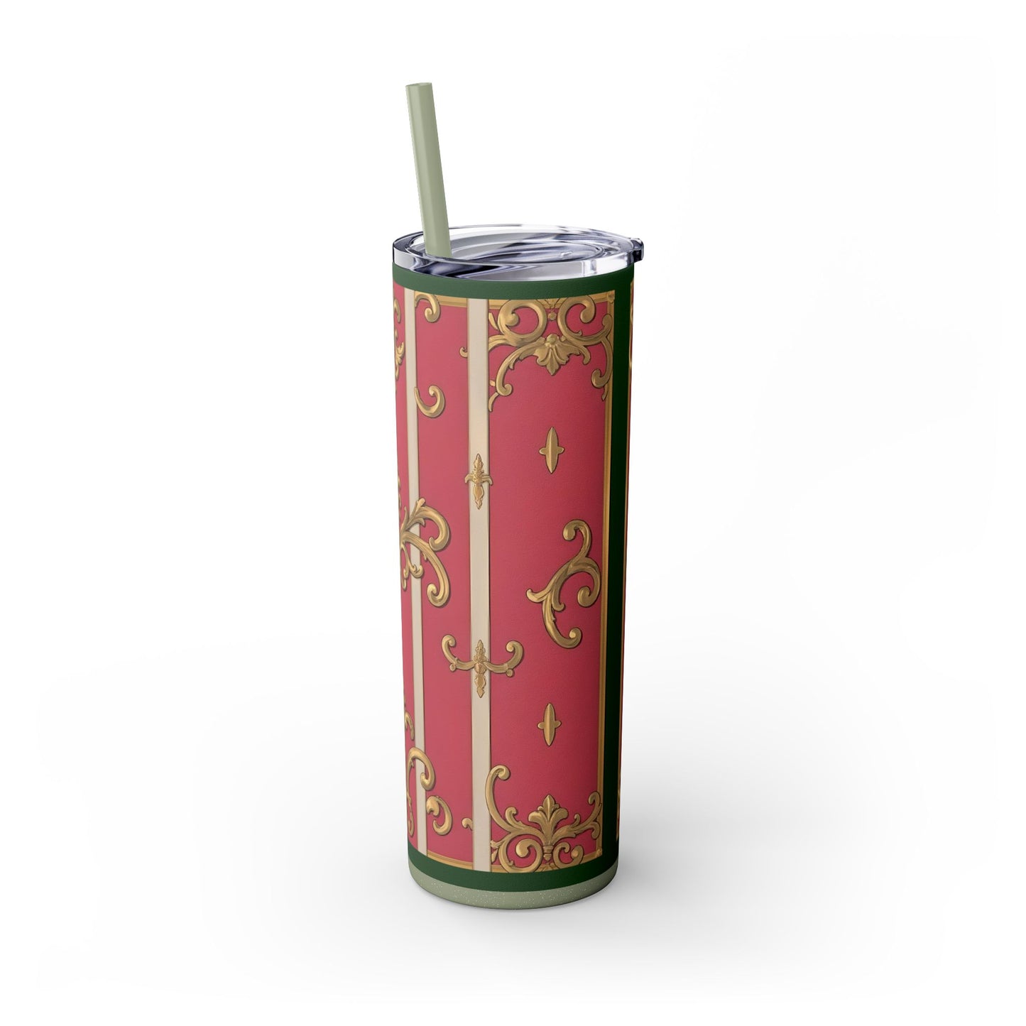 Elegant Green Border Pink Striped Baroque Skinny Tumbler with Straw, Reusable Travel Mug, Gift for Her, Fashionable Drinkware