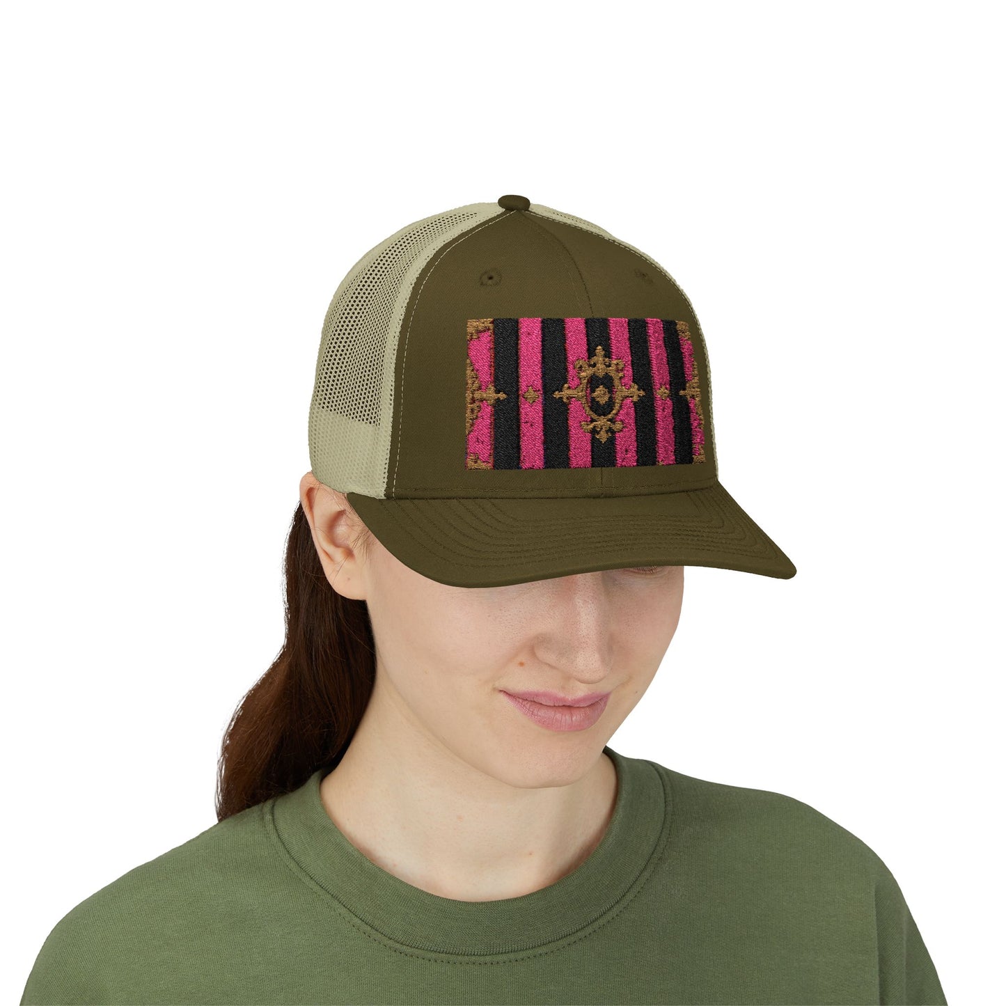 Stylish Snapback Trucker Cap with Black & Mauve Striped Gold Baroque, Trendy Fashion Hat, Perfect Gift for Him/Her
