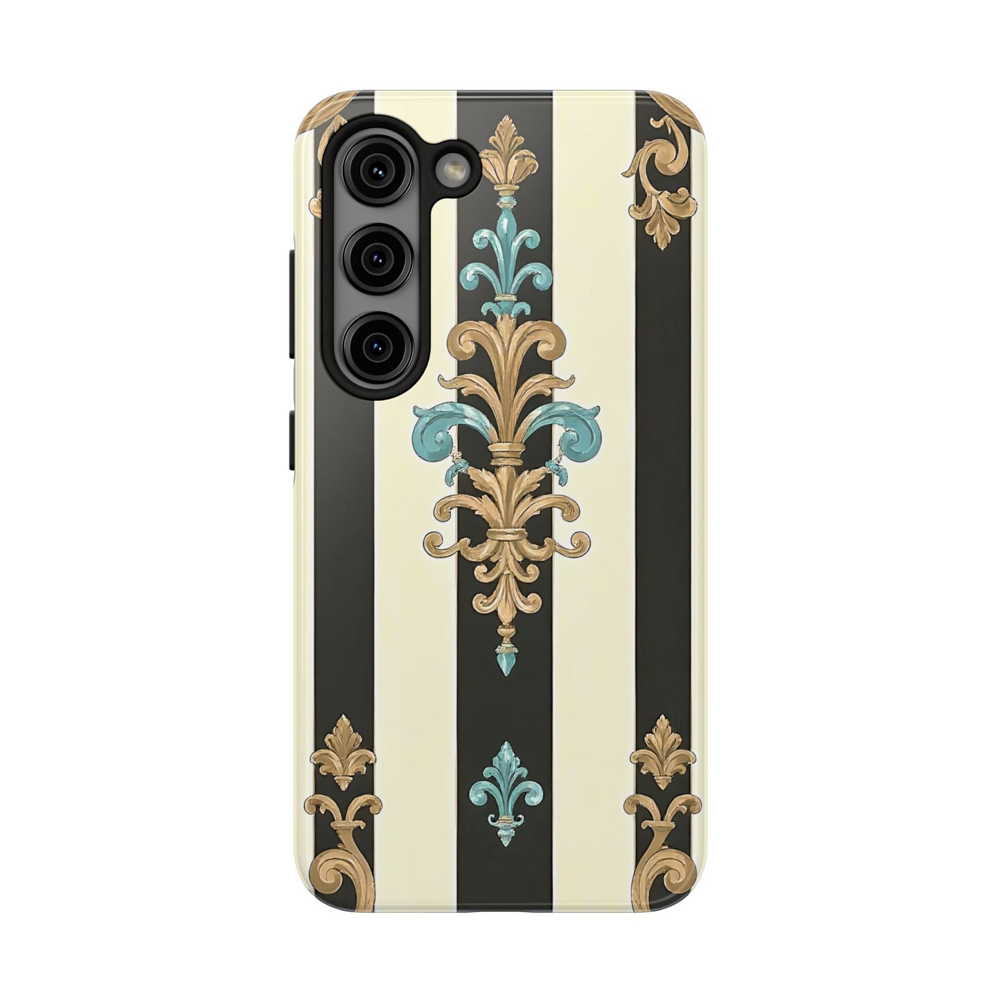 Elegant Vintage Tough Phone Cases, Stylish Phone Accessories, Quality Protection, Gifts for Her - Black Striped Turquoise & Black Rococo