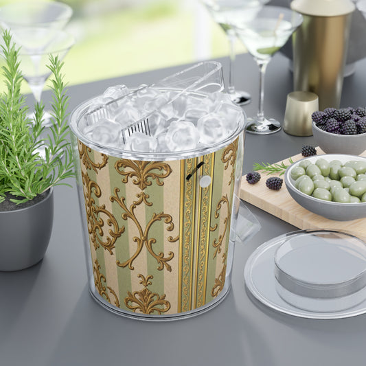 Elegant Vintage Ice Bucket with Tongs, Party Essentials, Barware Decor, Wedding Gift - Mint Green & Beige Striped Gold Baroque