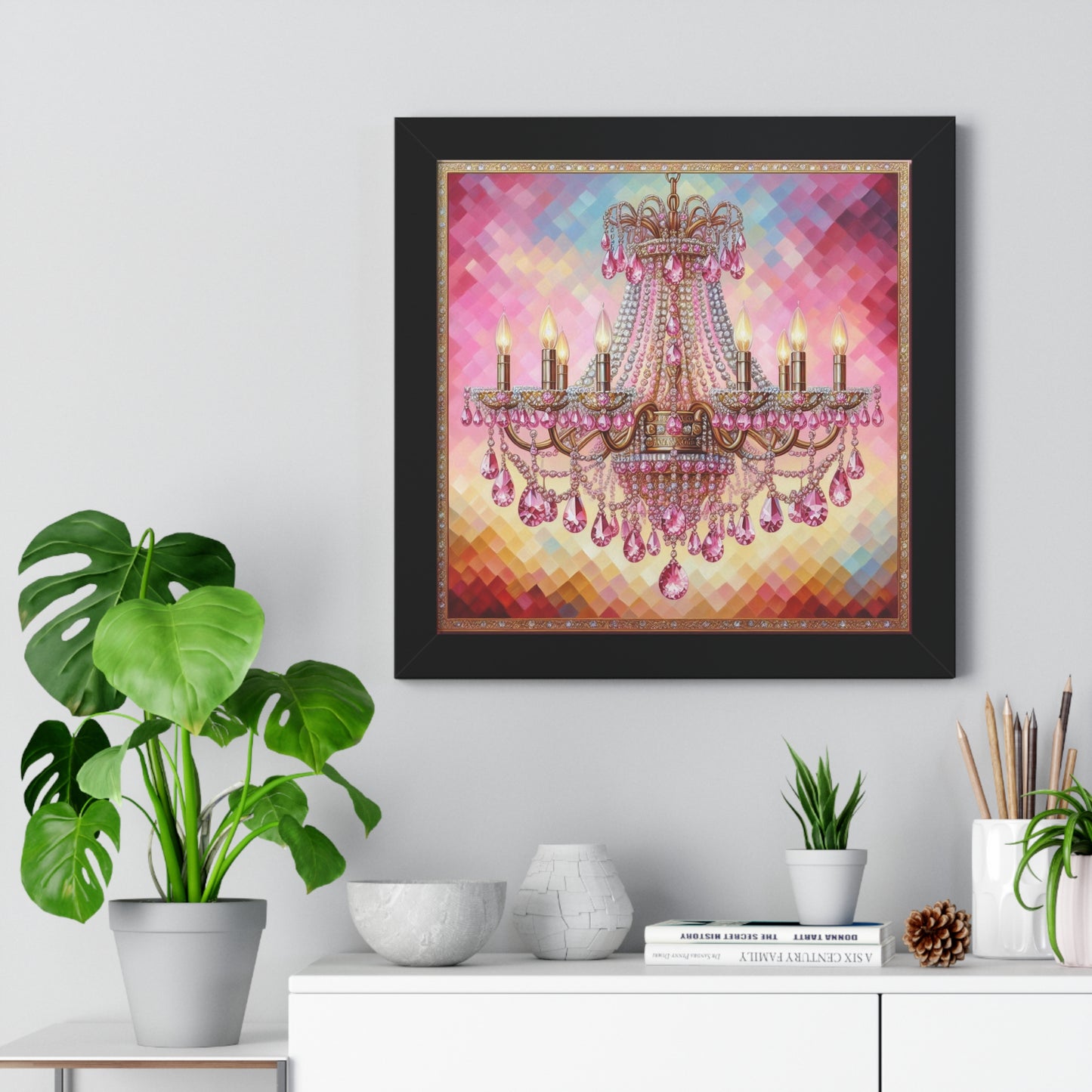 Elegant Chandelier Framed Poster, Glam Home Decor, Wall Art, Bridal Shower Gift, Living Room Decoration, Luxury Wall Art - Pink Jeweled Chandelier