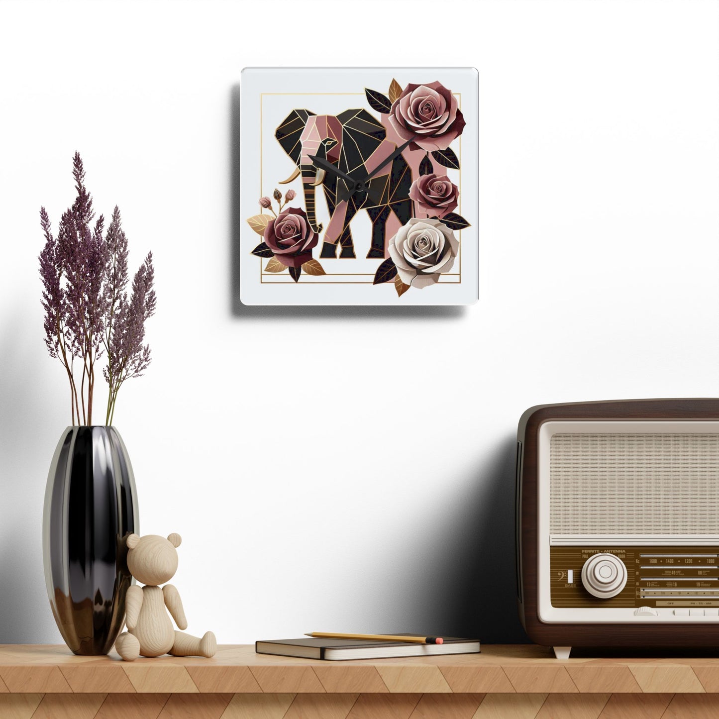 Bohemian Elephant-Inspired Acrylic Wall Clock with Floral Design - Brown & Mauve Elephant & Roses Design