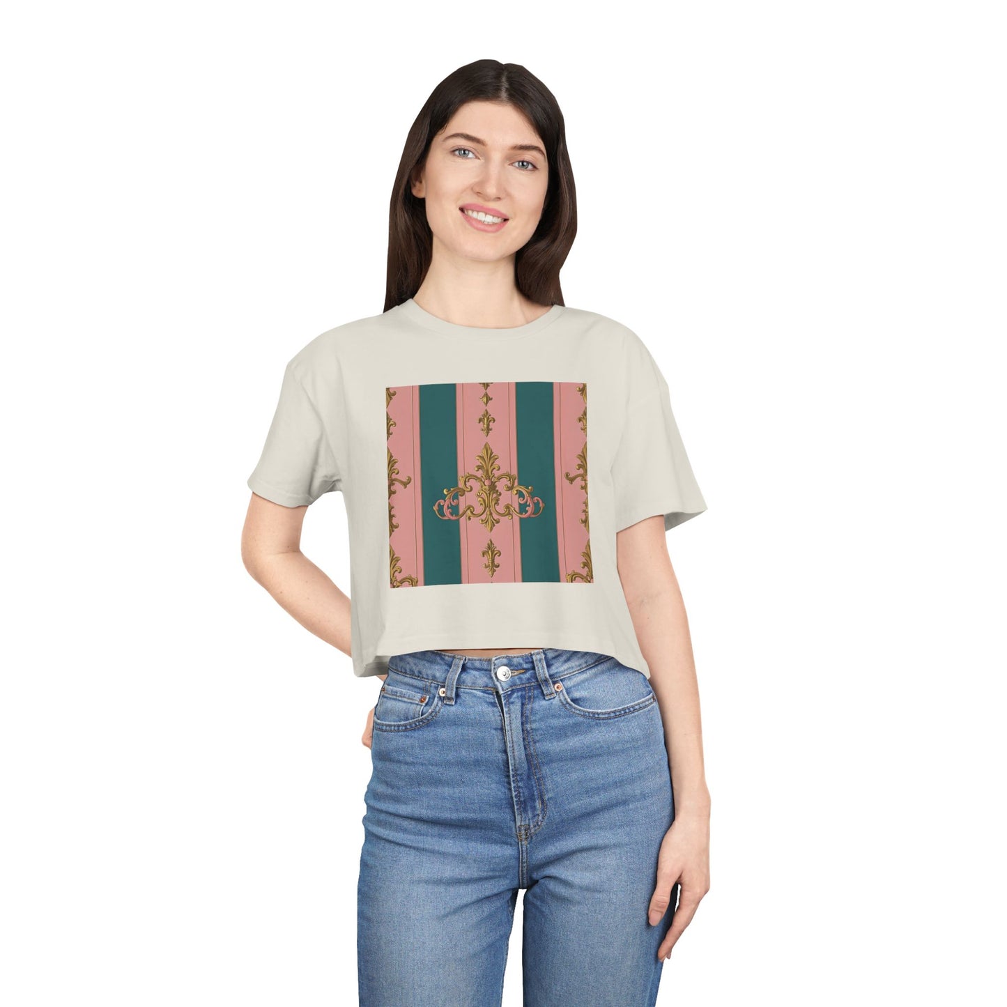 Baroque Vintage Women's Crop Tee, Casual Top, Summer Fashion, Trendy Shirt, Graphic T-Shirt, Gift for Her - Pink & Teal Striped Gold Baroque