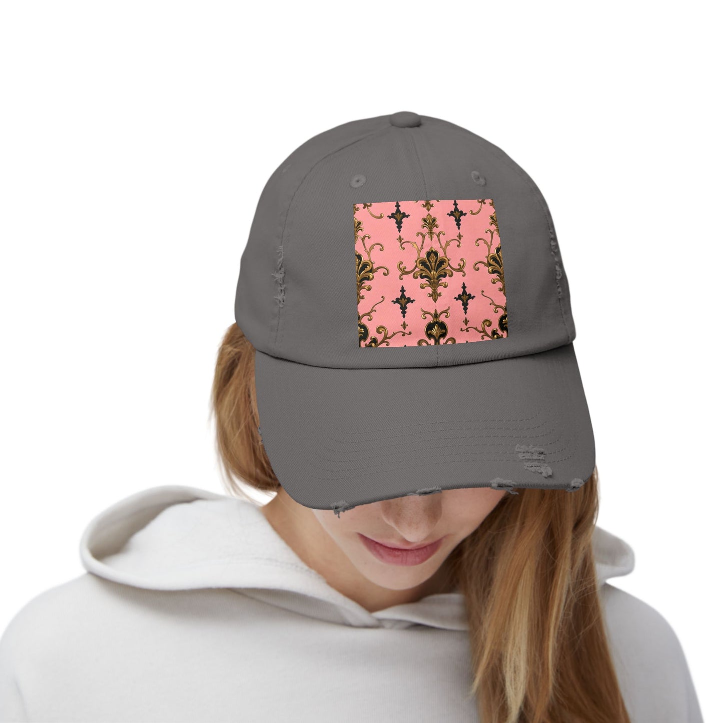 Chic Distressed Cap, Fashionable Baseball Hat, Casual Summer Headwear - Pink, Black & Gold Rococo
