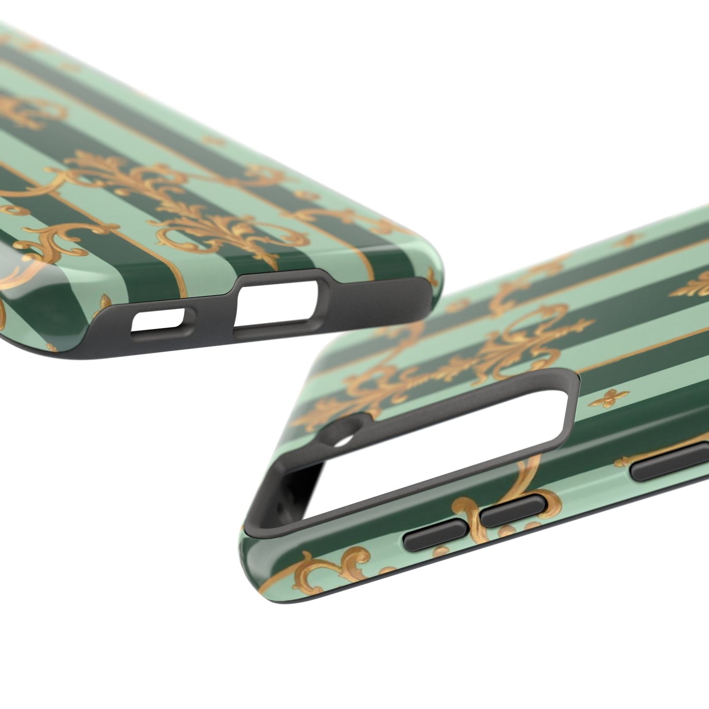 Elegant Floral Tough Phone Cases | Stylish Phone Protection, Gift for Her, Trendy Accessory, Unique Decor - Mint Green & Teal Striped Gold Baroque