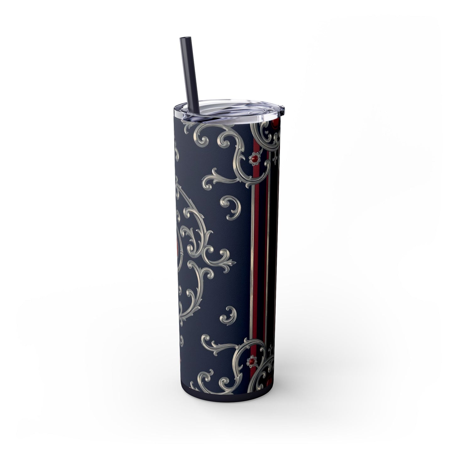Elegant Patterned Skinny Tumbler with Straw, 20oz - Stylish Travel Mug, Personalized Gift, Wedding Favor - Blue & Red Striped Silver Baroque