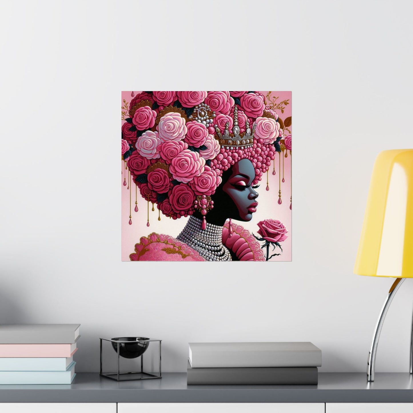 Floral Afro Art Poster - Elegant Matte Vertical Wall Decor - Pink Lady With Roses