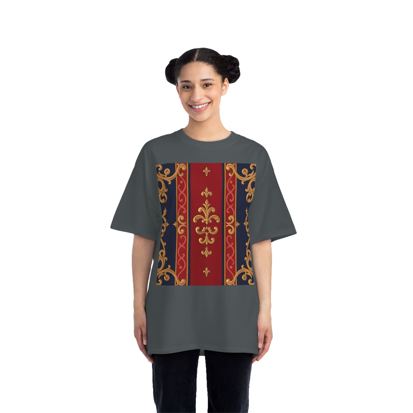 Elegant Patterned Short-Sleeve T-Shirt, Stylish Tee, Vintage Design Top, Casual Wear, Fashionable Gift - Midnight Blue & Dusk Red Gold Baroque