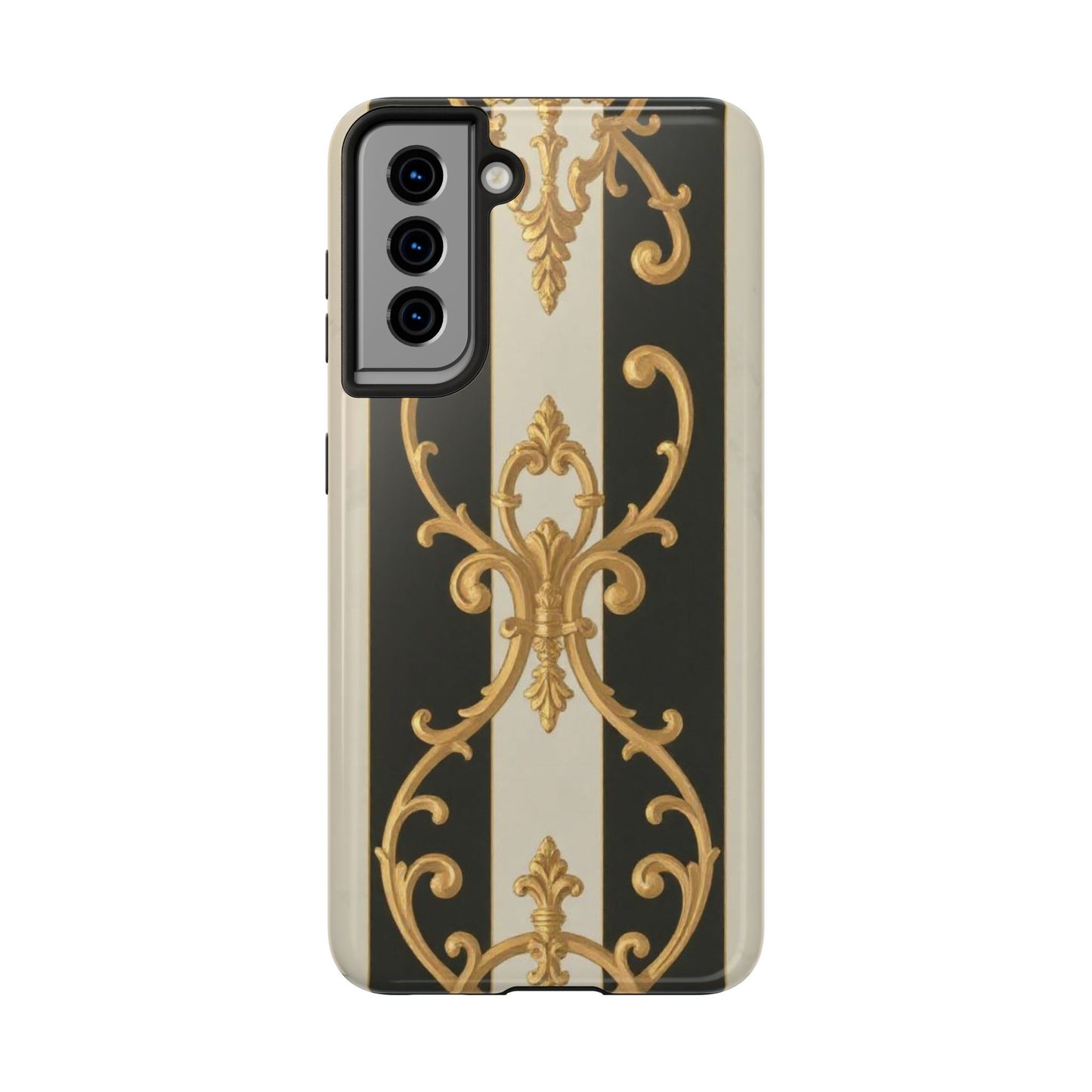 Elegant Black & Alabaster Striped Baroque Tough Phone Cases - Chic Protection, Black Gold Decor, Stylish Accessory, Gift for Her, Trendy Tech
