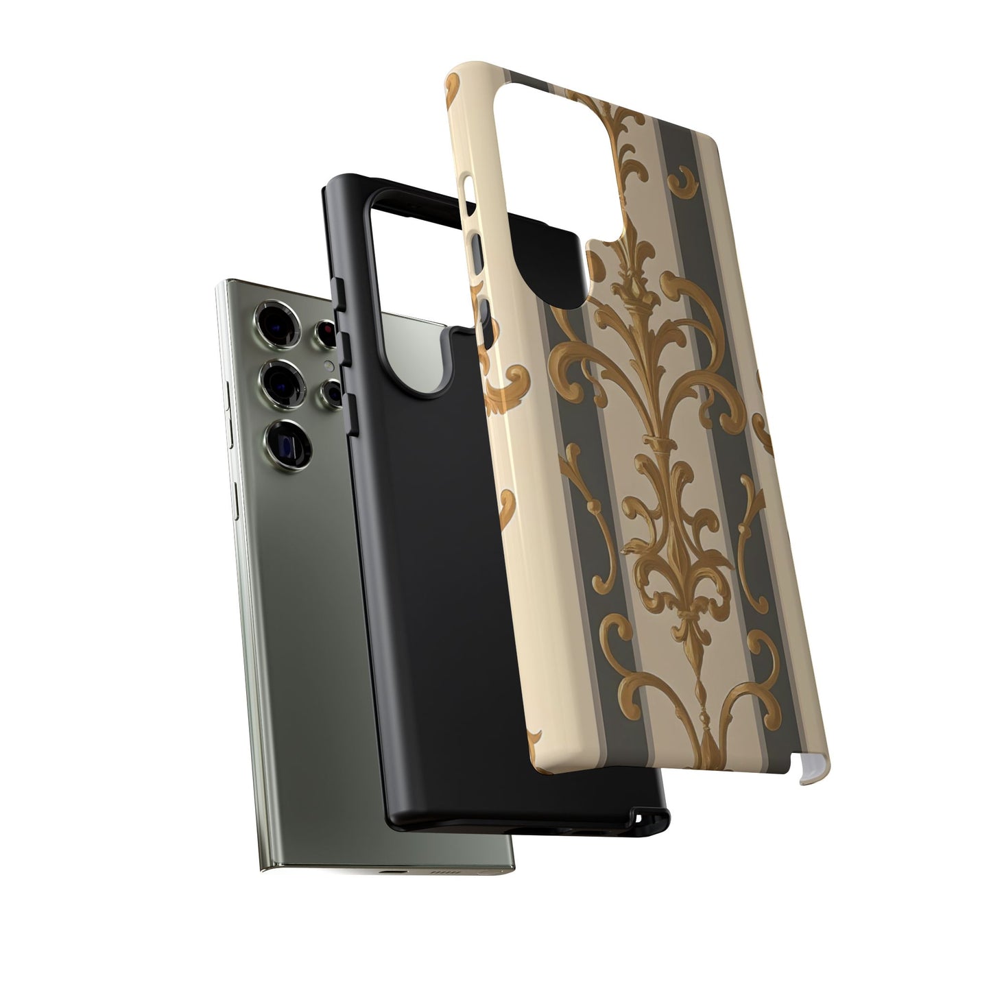 Elegant Floral Motif Phone Case - Tough Cases with Vintage Design - Dusk Olive Striped Gold Damask