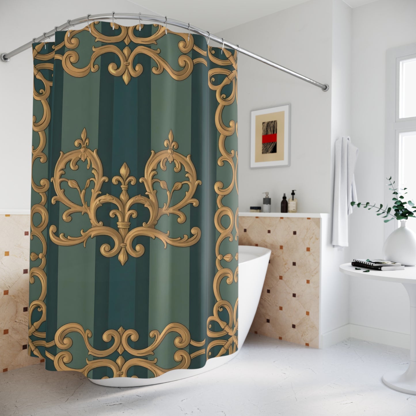 Elegant Smoky Blue & Teal Striped Baroque Shower Curtain | Luxurious Bathroom Decor