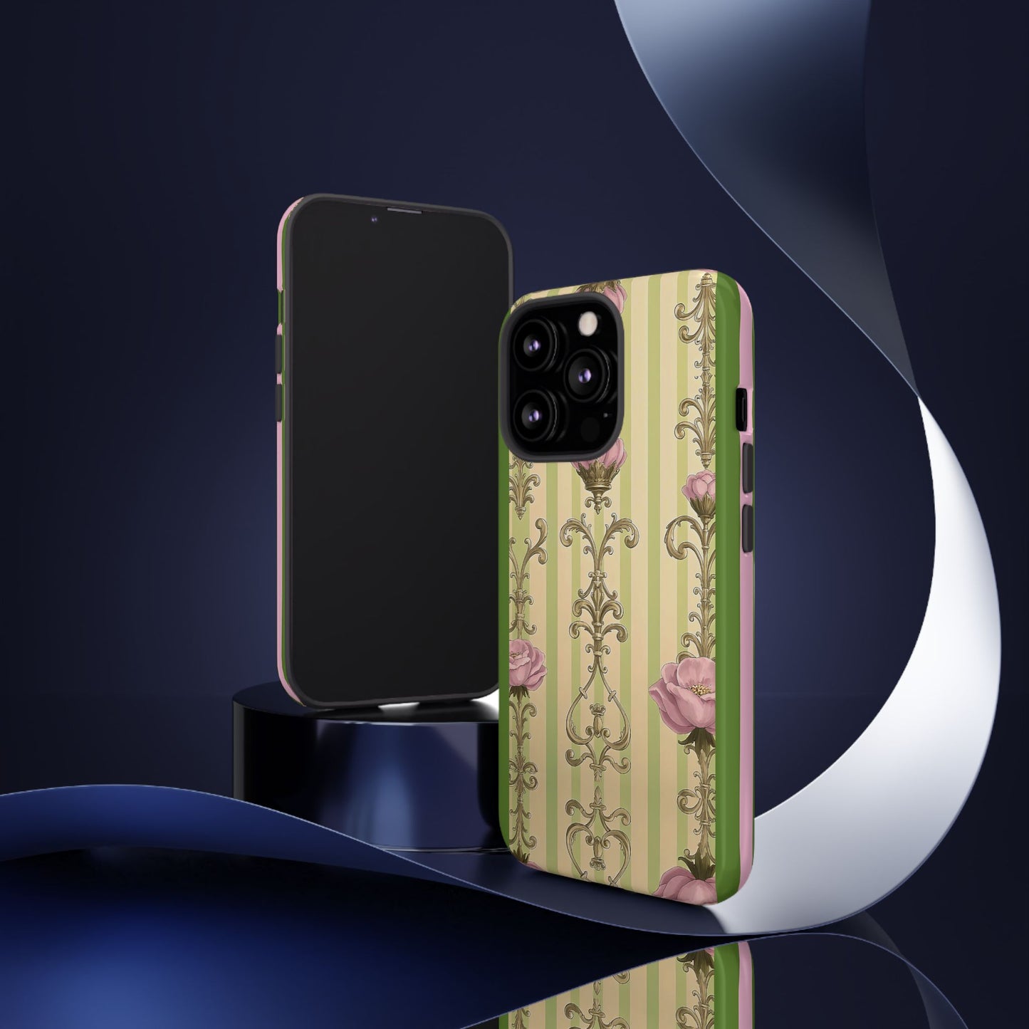 Elegant Floral Motif Phone Case - Tough Cases with Vintage Design - Lime Green & Pink Striped Damask