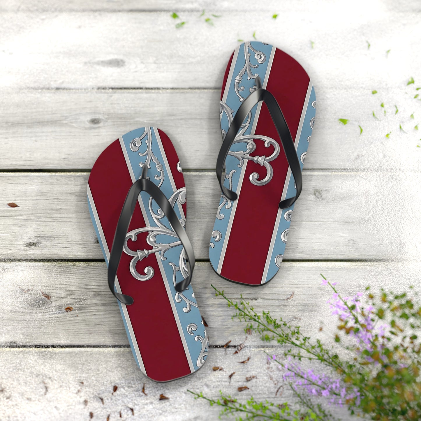Elegant Vintage Flip Flops - Stylish Summer Footwear with Classic Design - Ice Blue & Burgundy Striped Baroque