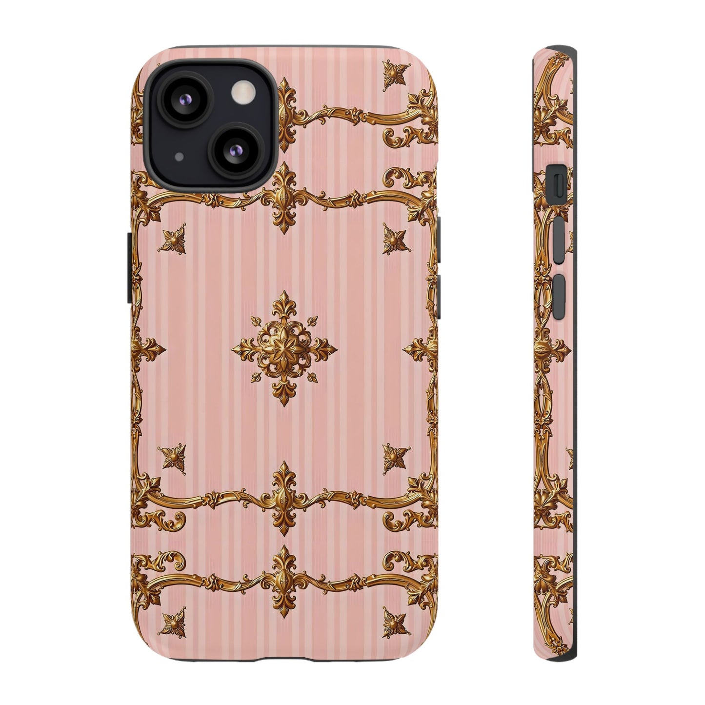 Elegant Floral Phone Case, Tough Cases for Women, Trendy Phone Cover, Chic Gift - Pink Striped Gold Baroque