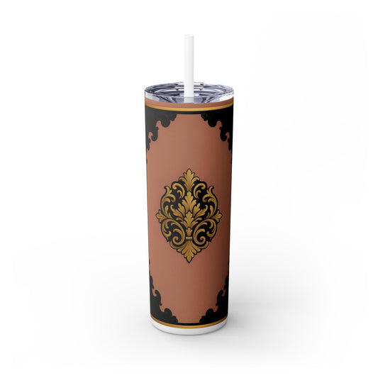 20oz Skinny Tumbler with Straw — Vintage Mauve & Black-Gold Baroque Design
