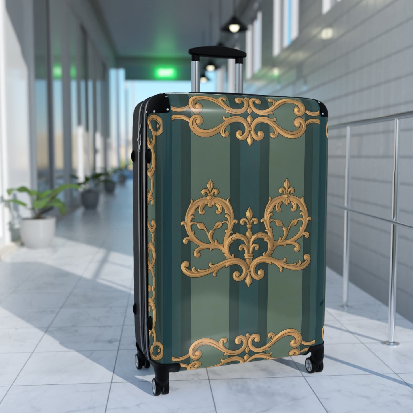 Vintage Floral Suitcase - Stylish Travel Luggage for Adventurers - Smoky Blue & Teal Striped Baroque