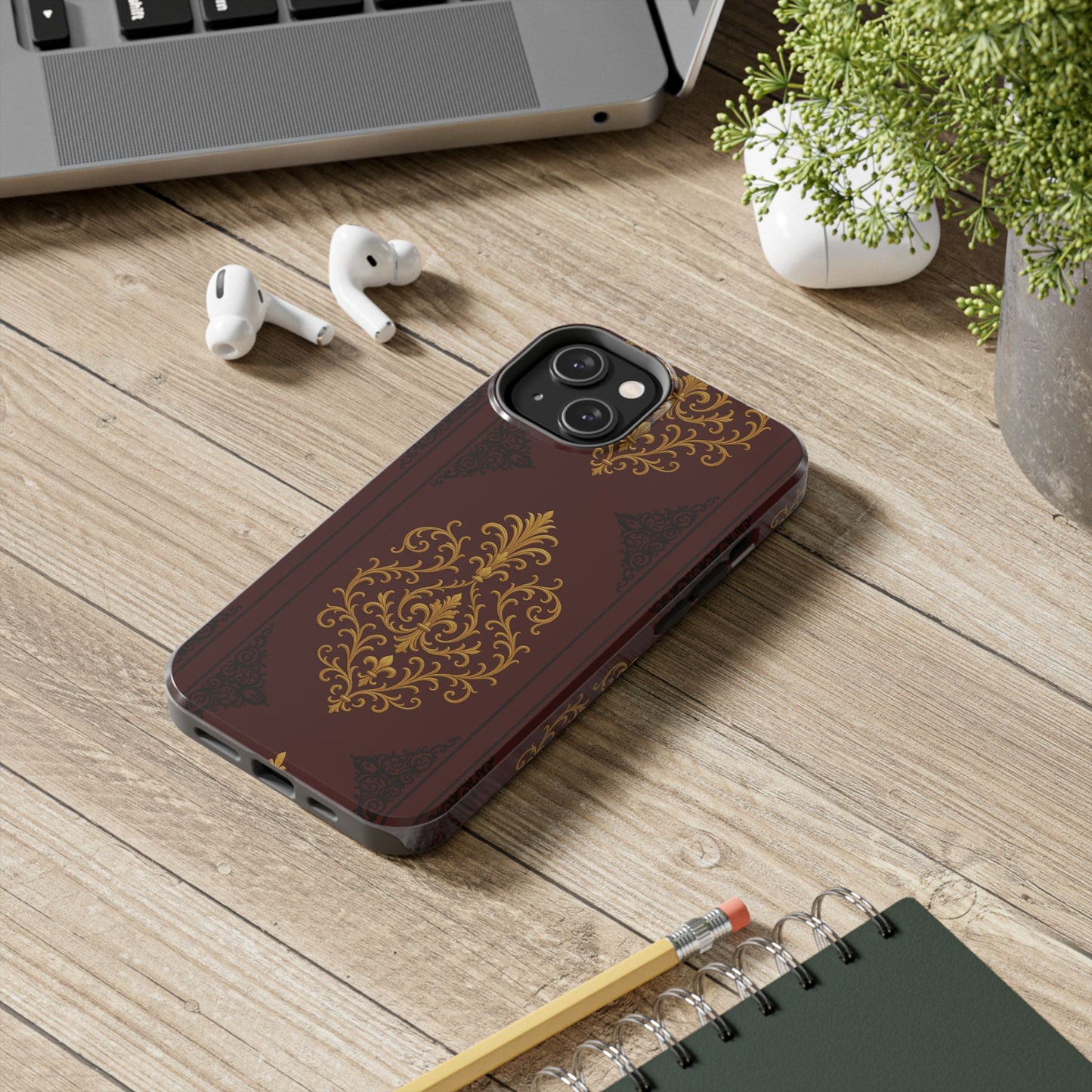 Dusk Burgundy-Black & Gold Baroque Tough Phone Case — Ornate Gold Baroque on Burgundy