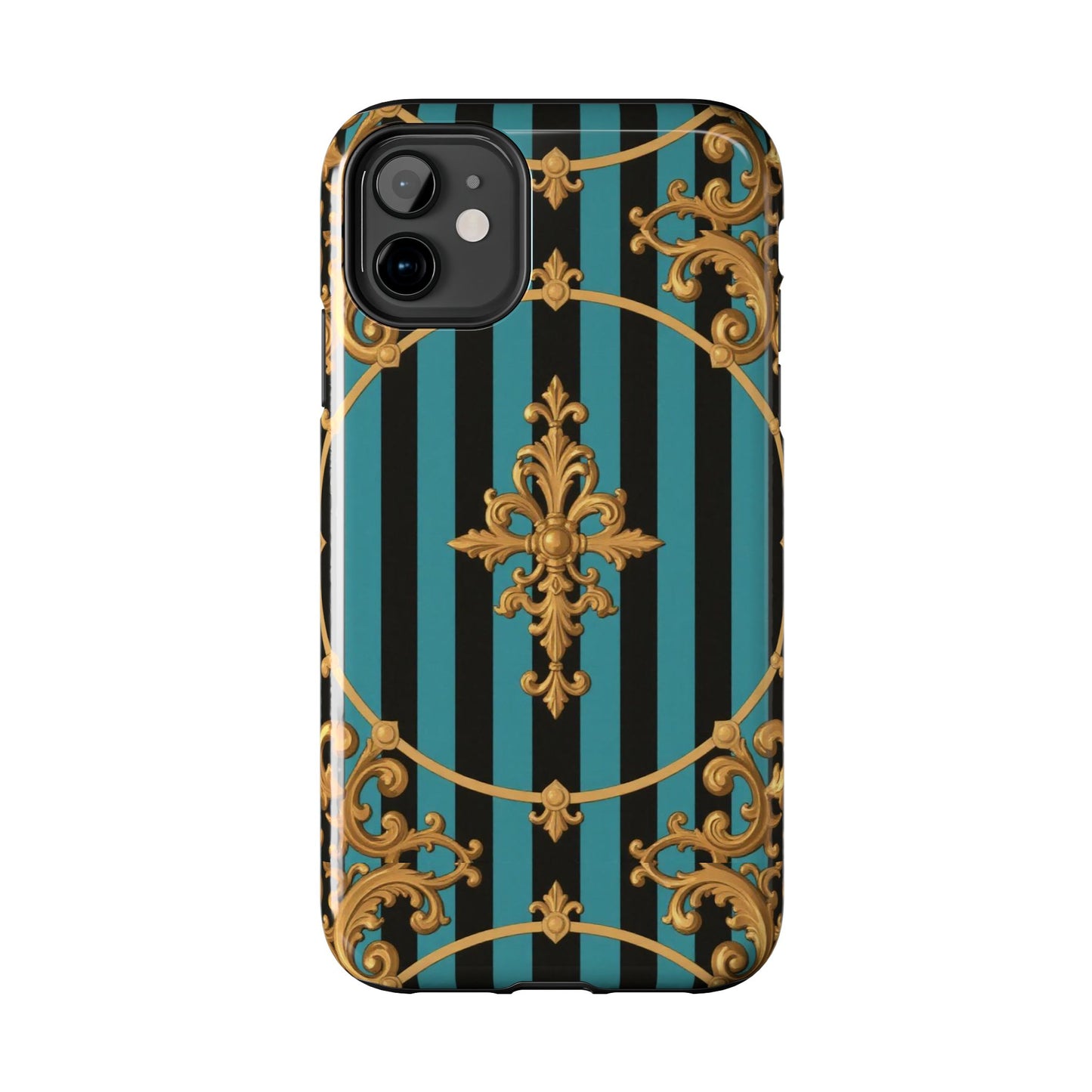 Elegant Turquoise & Black Striped Gold Baroque Phone Case, Tough Phone Cases for Fashion Lovers, Gift for Her, Luxury Accessories