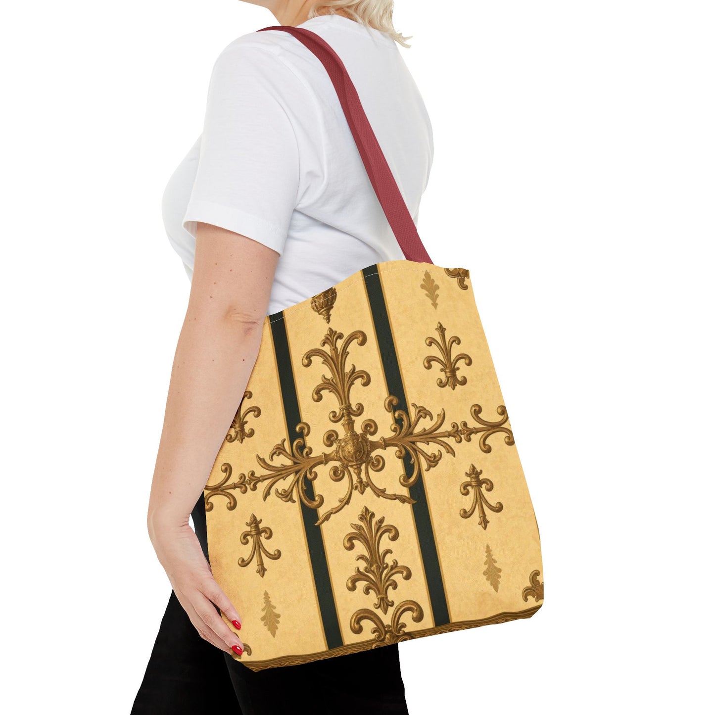 Elegant Baroque Pattern Tote Bag | Stylish Eco-friendly Shopping Bag, Beach Tote, Gift Bag, Daily Use - Matte Yellow Striped Antique Rococo