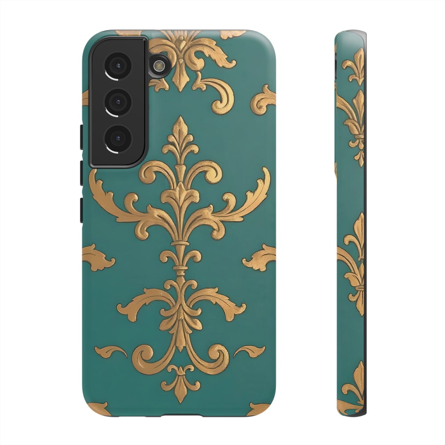Elegant Floral Motif Phone Case - Tough Cases with Vintage Design - Aqua & Gold Damask