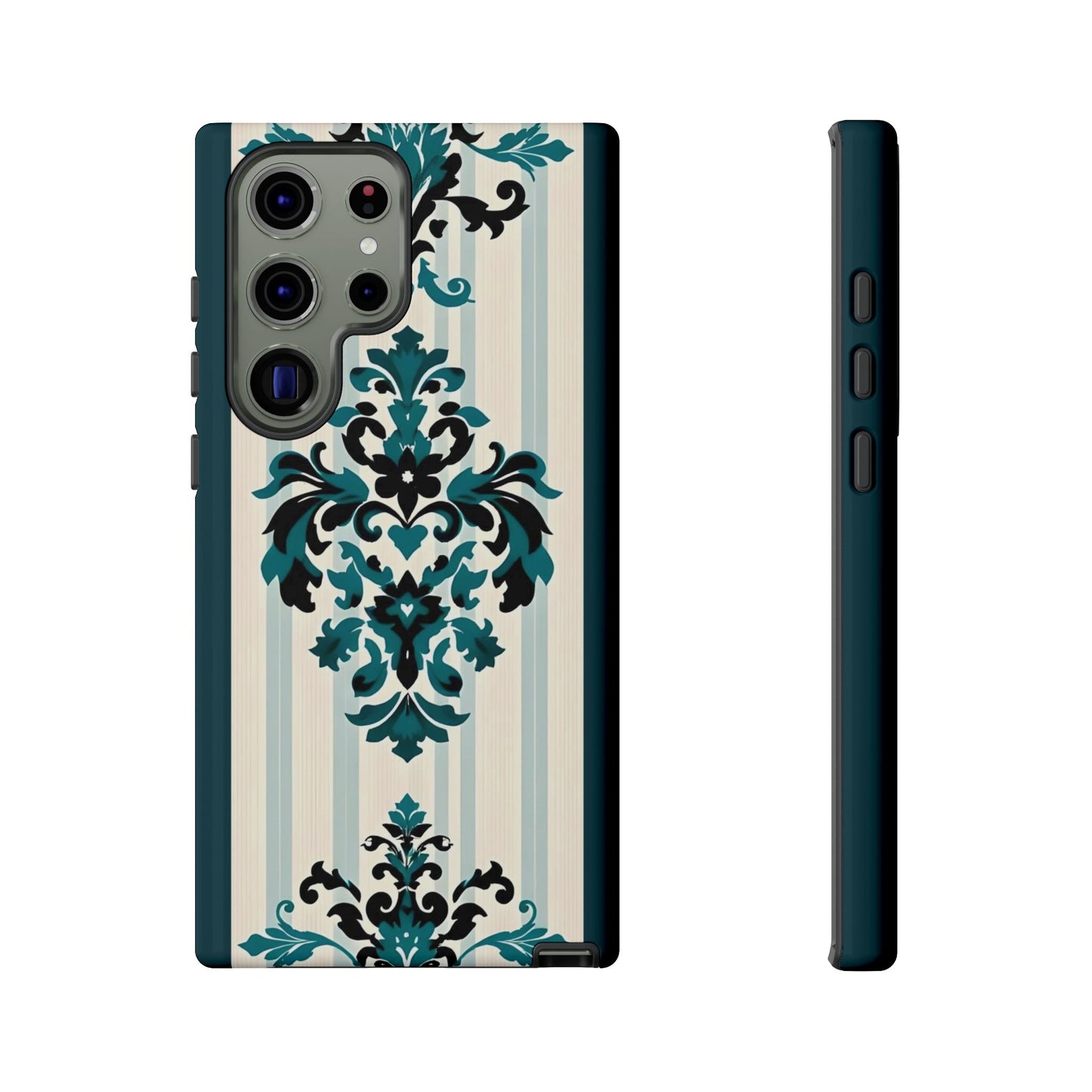Elegant Floral Phone Case - Tough Cases with Vintage Design - Teal Striped Damask