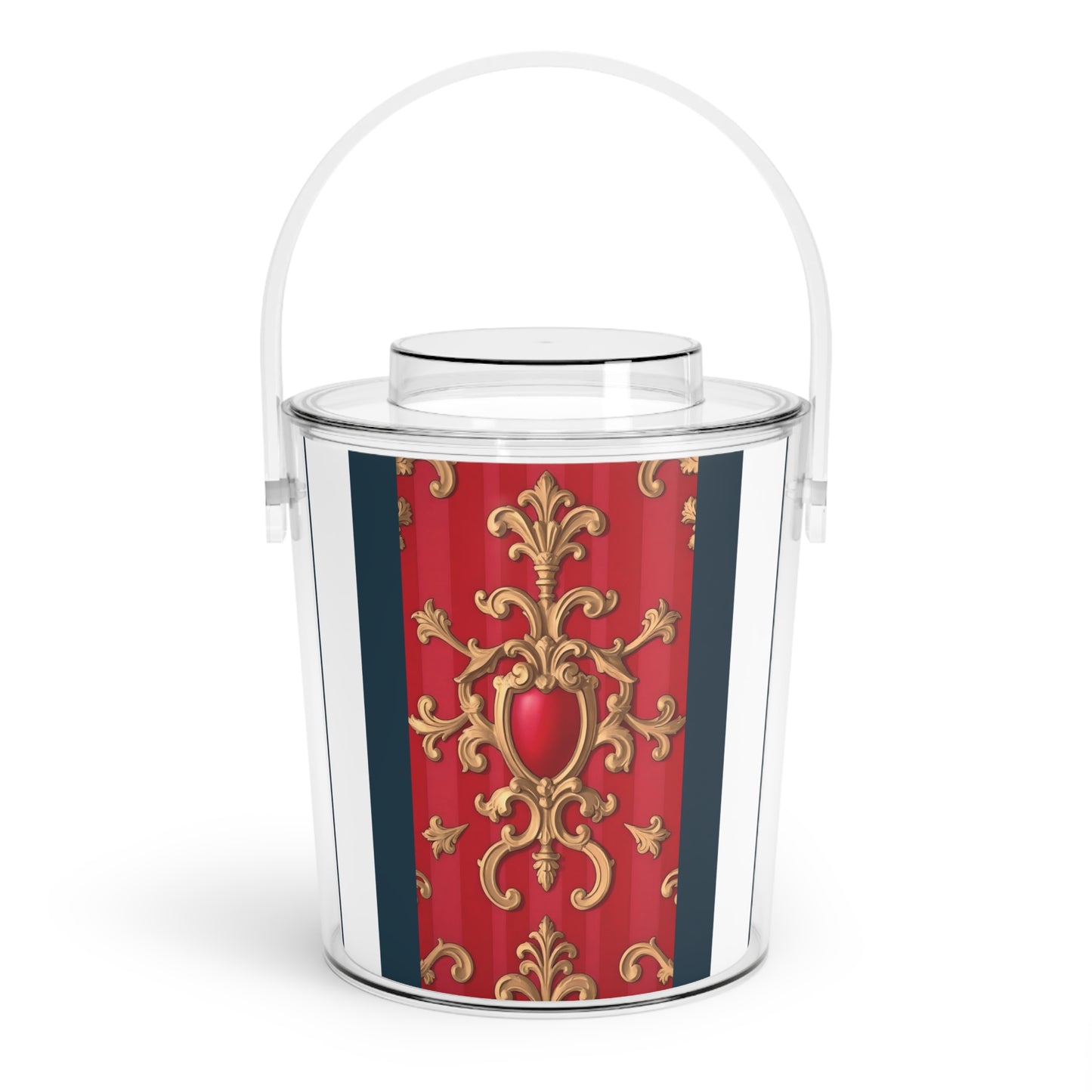 Elegant Ice Bucket with Tongs, Party Accessory, Barware, Home Decor, Holiday Entertaining, Chic Gift Idea - Blue, Red & White Striped Baroque