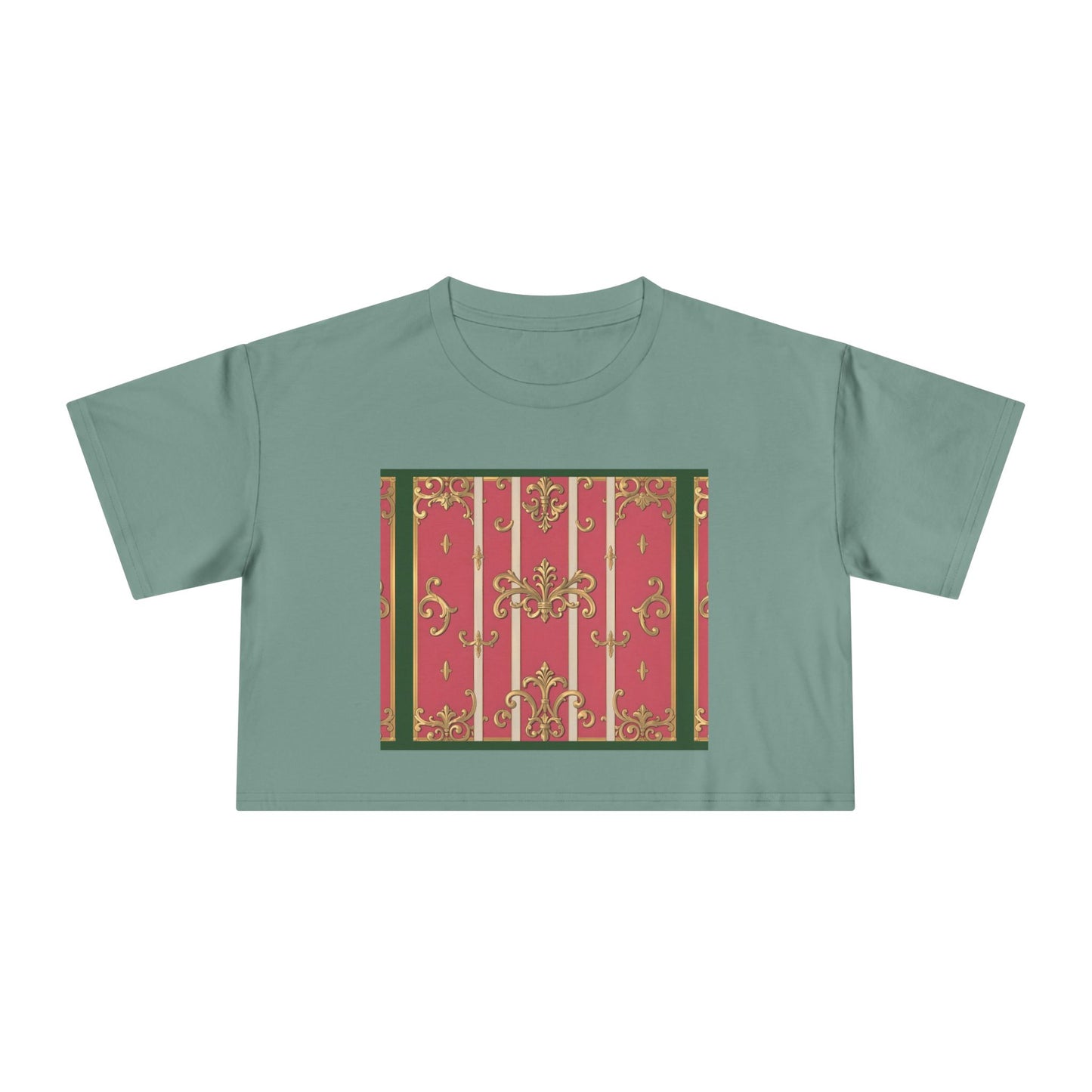 Chic Green Border Pink Striped Baroque Women's Crop Tee - Vintage Style Shirt for Casual Outings, Holidays, Gift Ideas, Spring Fashion, Trendy Top