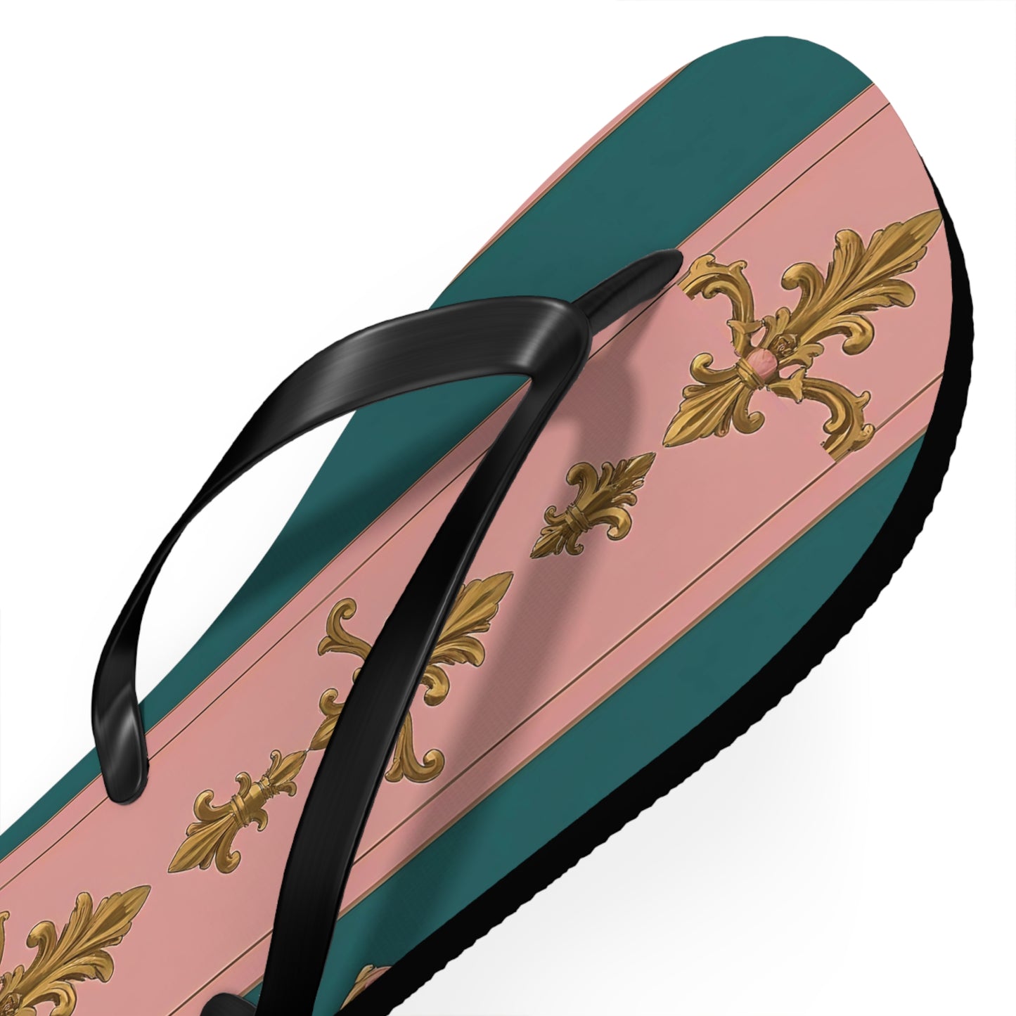 Chic Floral Flip Flops, Summer Sandals, Beach Footwear, Vacation Slides, Stylish Summer Accessories - Pink & Teal Striped Gold Baroque