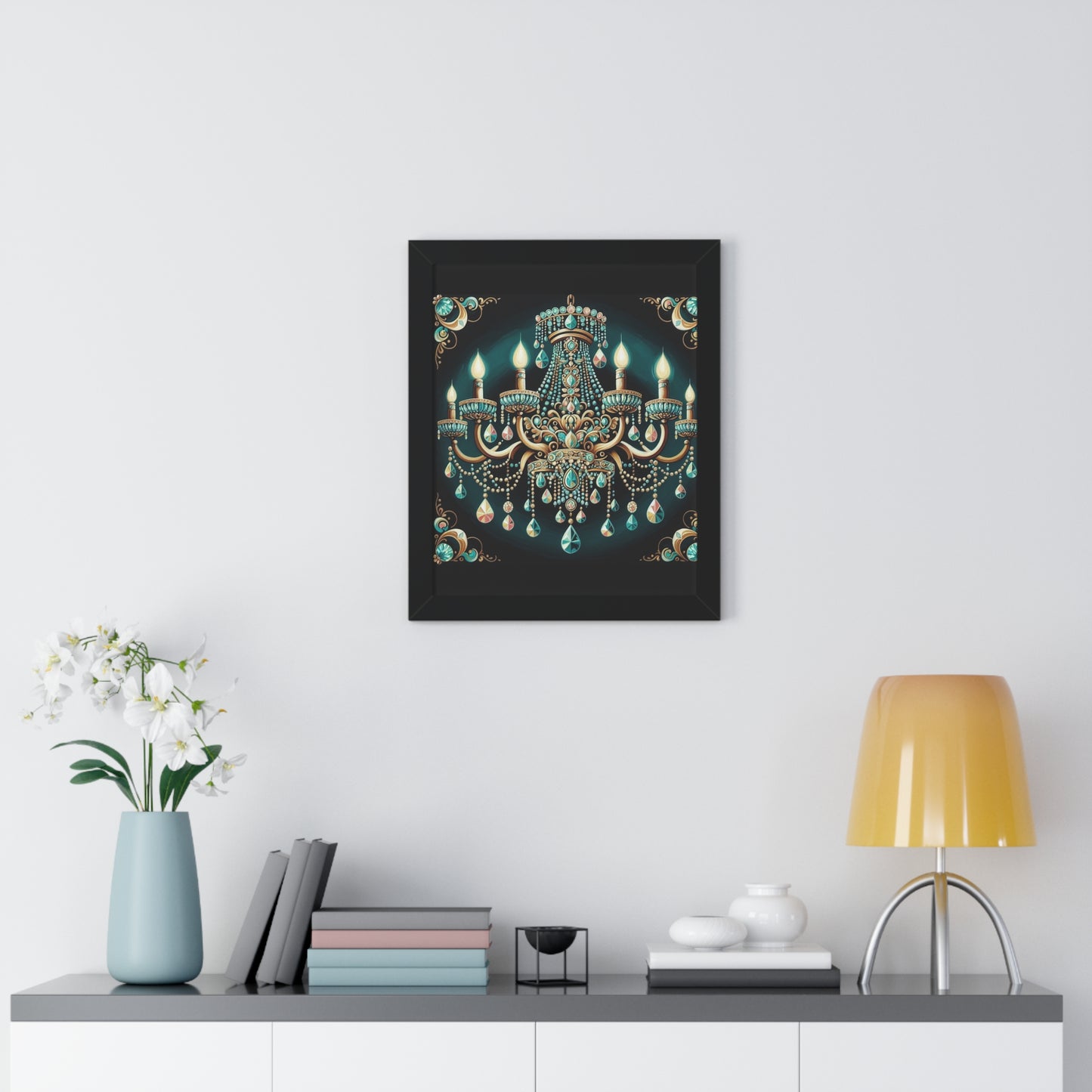 Elegant Chandelier Art Print, Framed Vertical Poster, Home Decor, Wall Art, Gift for Her, Luxury Interior Decoration - Teal Jeweled Chandelier