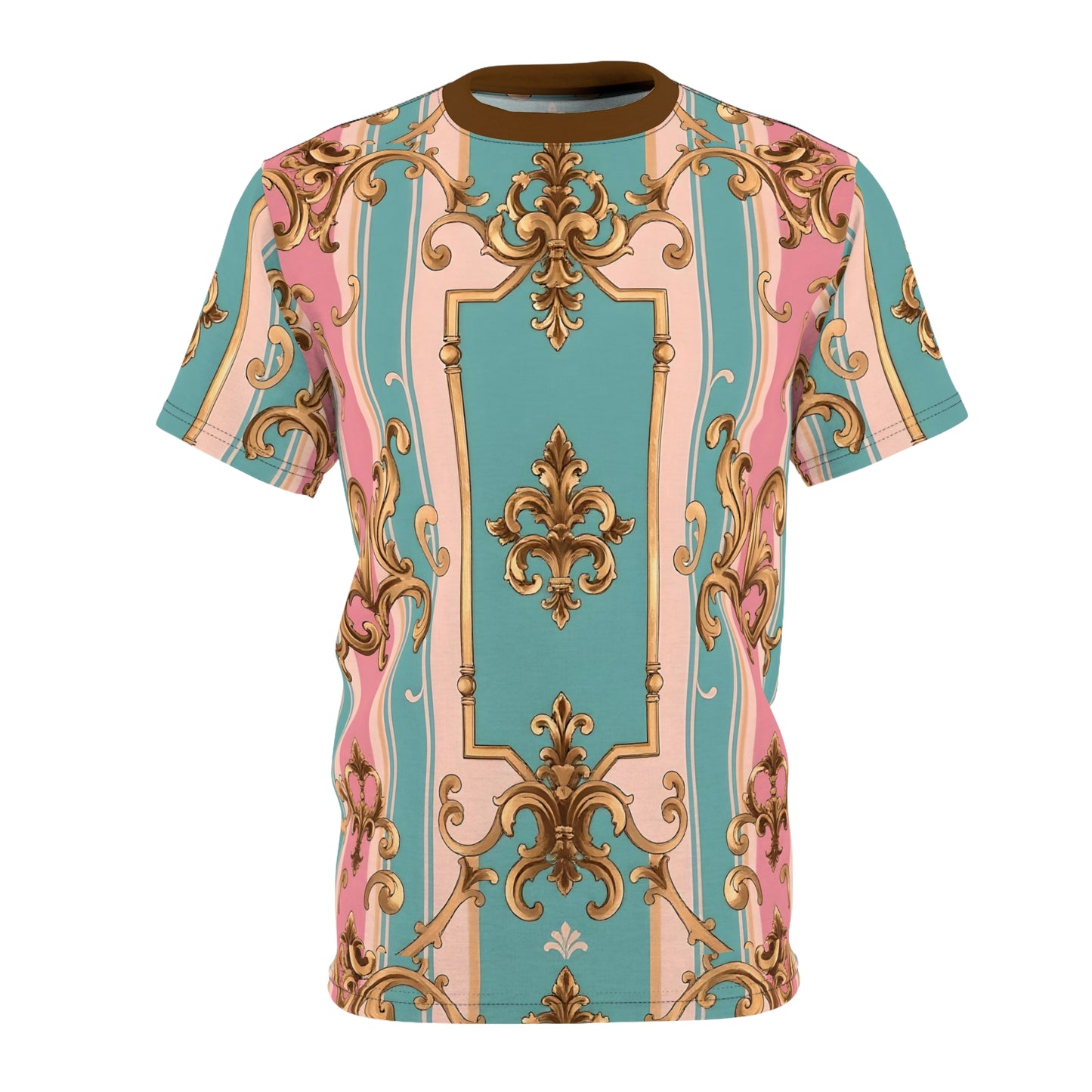 Rococo Style Unisex Cut & Sew Tee, Trendy AOP T-Shirt, Unique Graphic Tee, Fashion Statement - Pink & Matte Turquoise Striped Rococo