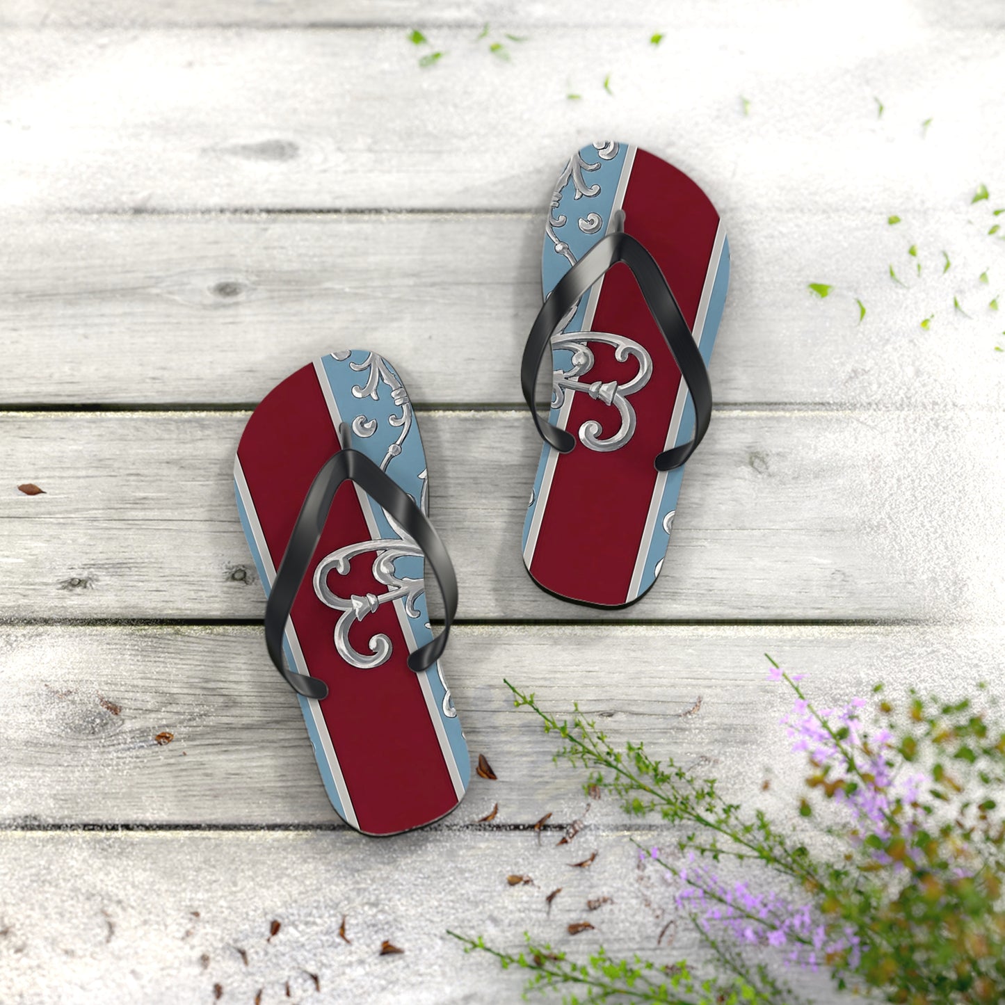 Elegant Vintage Flip Flops - Stylish Summer Footwear with Classic Design - Ice Blue & Burgundy Striped Baroque