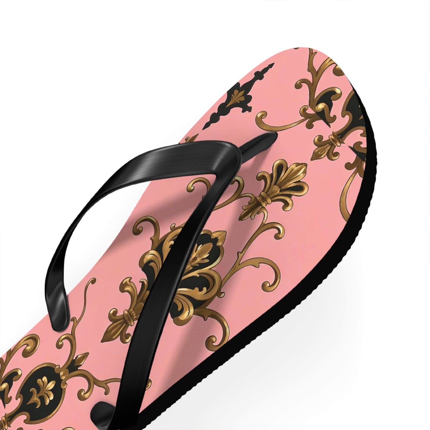 Stylish Flip Flops with Elegant Pink Design, Summer Footwear, Beach Sandals, Vacation Essentials - Pink, Black & Gold Rococo