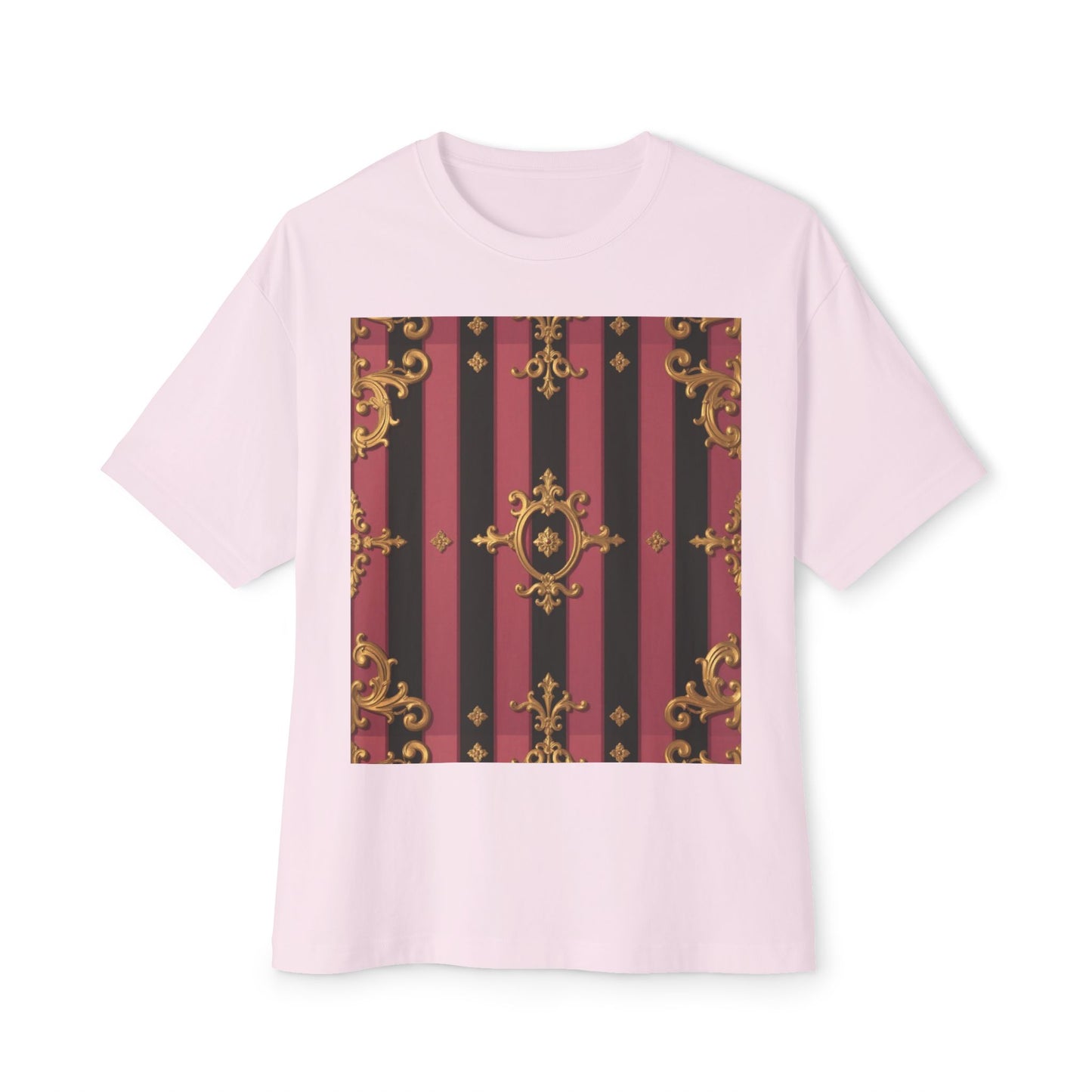 Stylish Black & Mauve Striped Gold Baroque Oversized Tee - Chic Statement Top, Casual Fashion, Perfect for Festivals