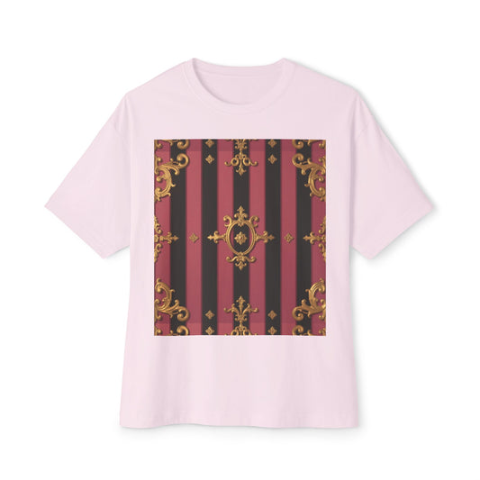 Stylish Black & Mauve Striped Gold Baroque Oversized Tee - Chic Statement Top, Casual Fashion, Perfect for Festivals