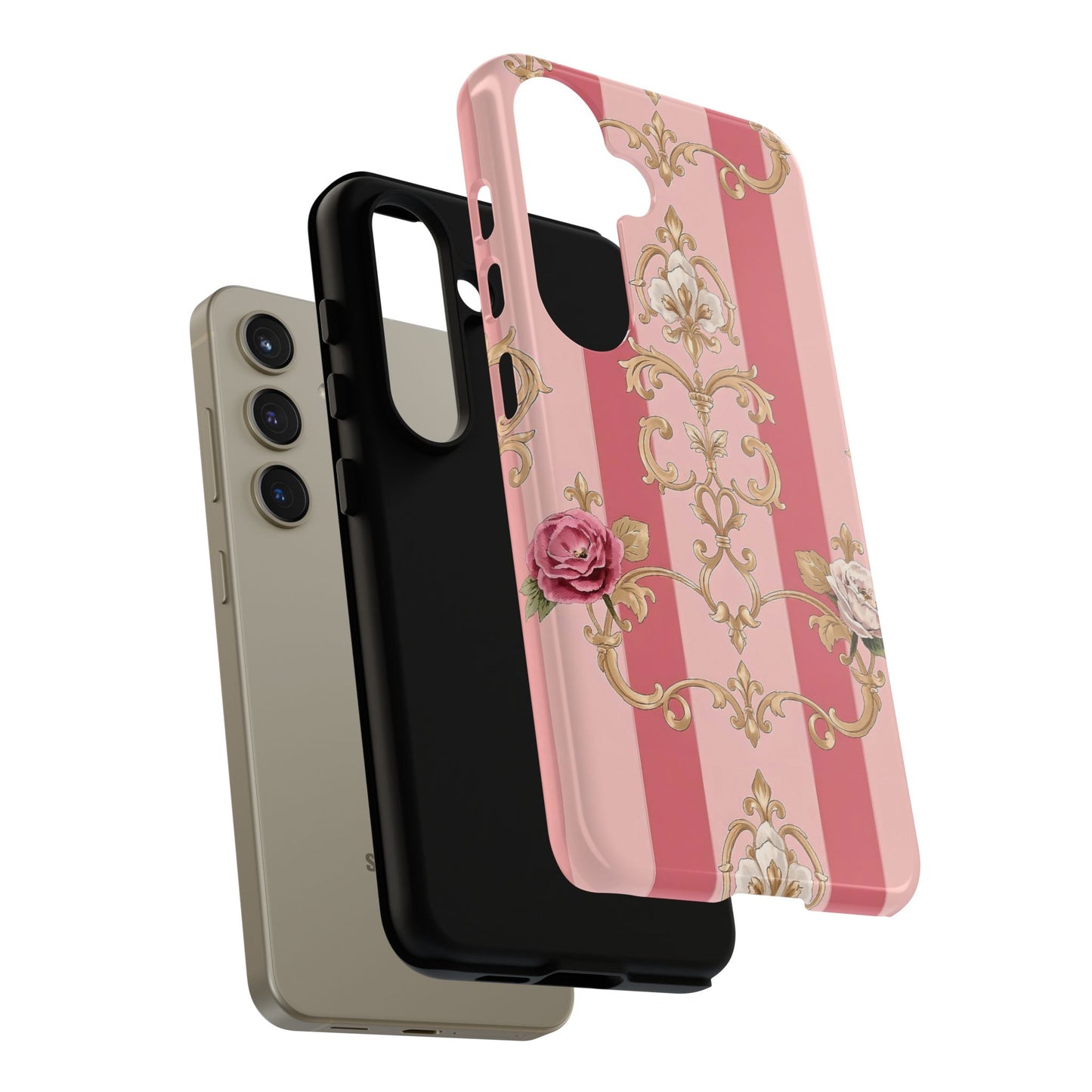 Elegant Floral Motif Phone Case - Tough Cases with Vintage Design - Pink Striped Roses & Damask