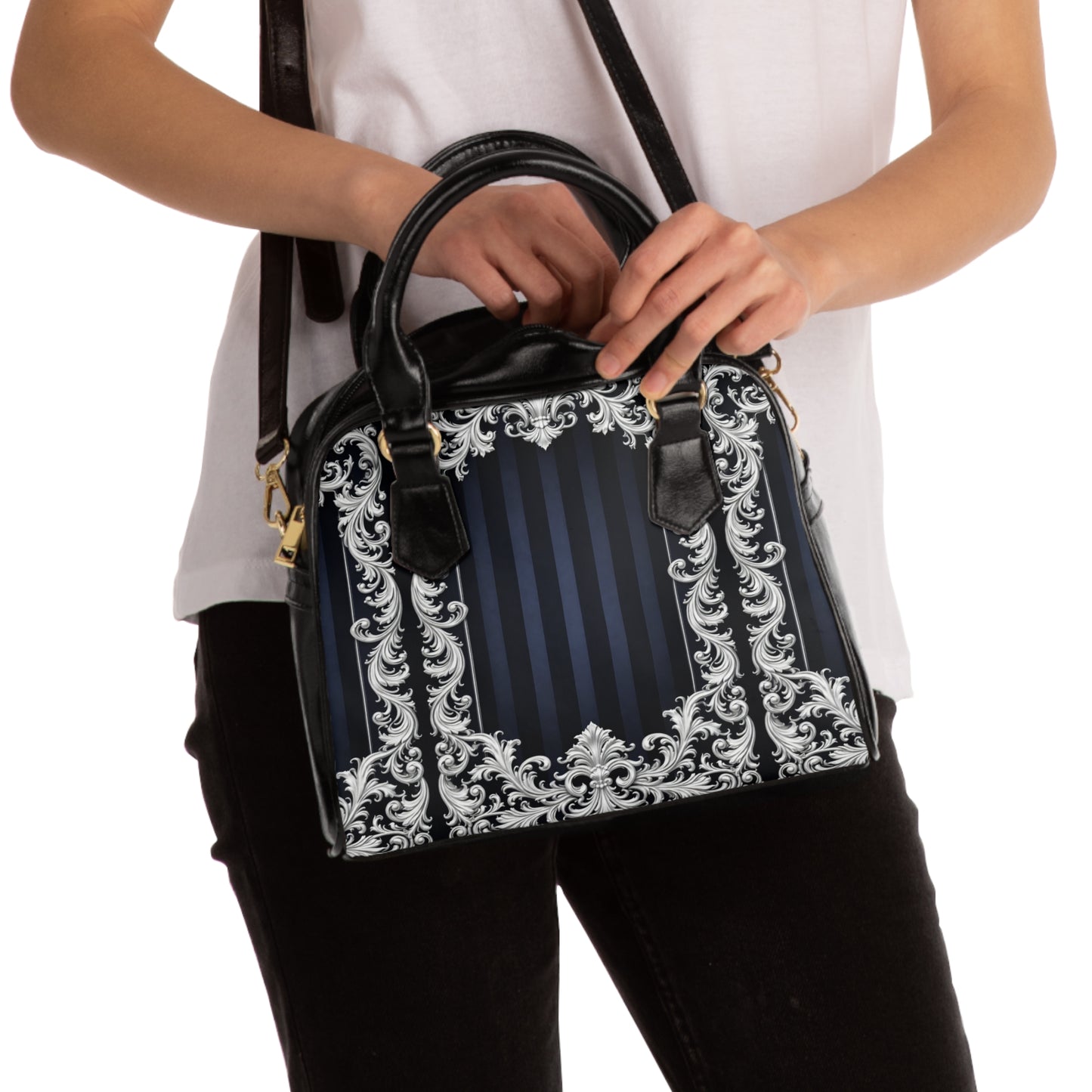 Navy Stripes & Baroque Shoulder Handbag — Elegant Navy & Silver Ornate Purse