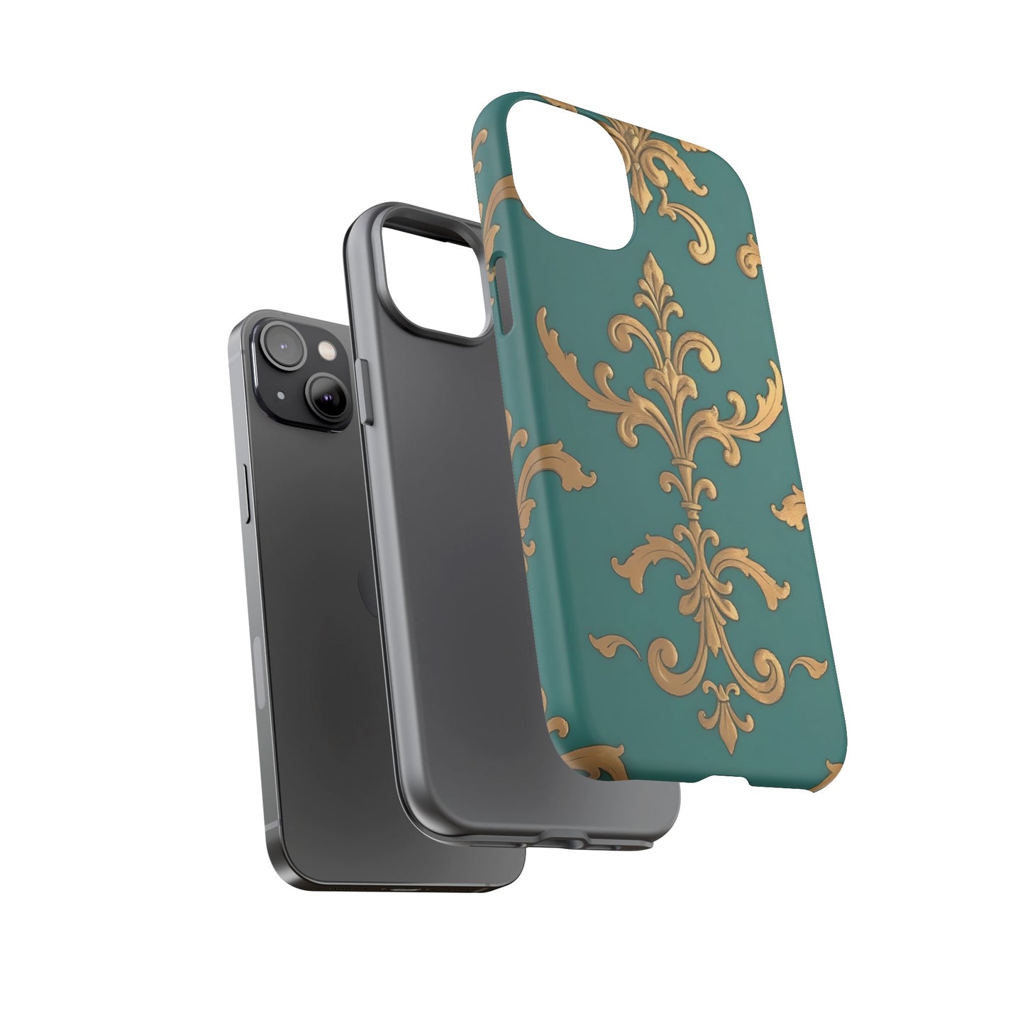 Elegant Floral Motif Phone Case - Tough Cases with Vintage Design - Aqua & Gold Damask